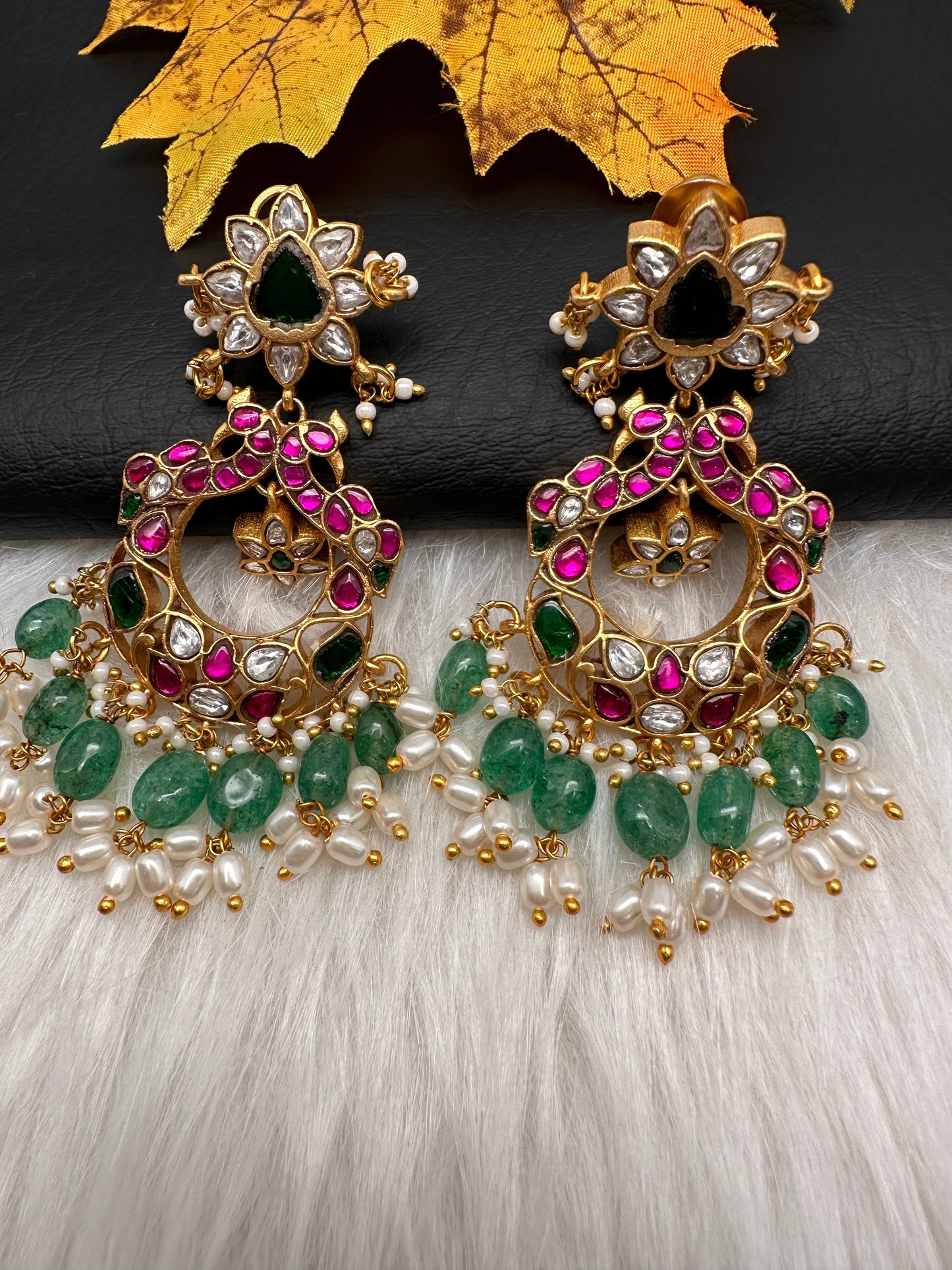 Red Jadau Kundan Chandballi Earrings