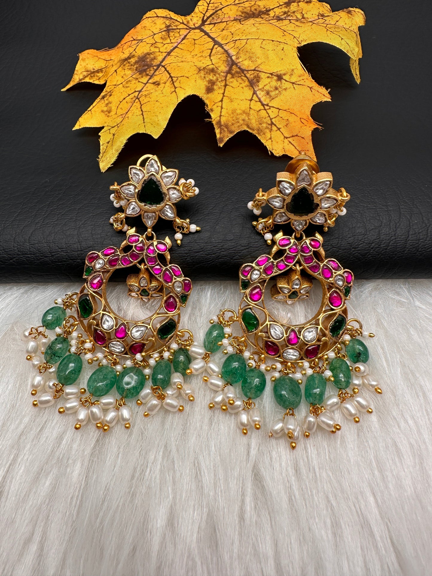 Red Jadau Kundan Chandballi Earrings