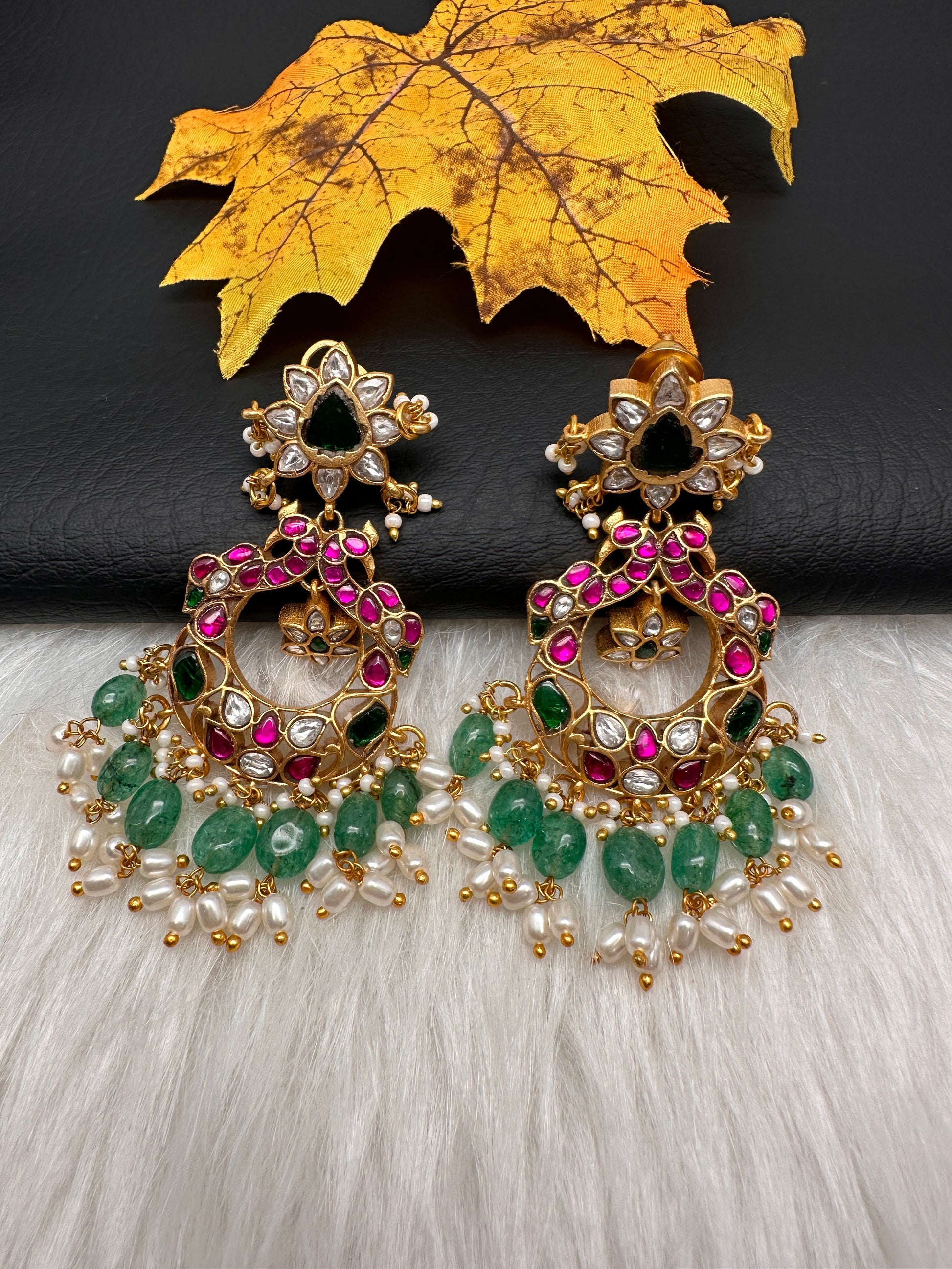 Red Jadau Kundan Chandballi Earrings