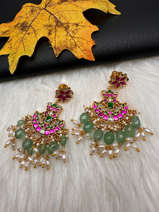 Red Jadau Kundan Chandballi Earrings