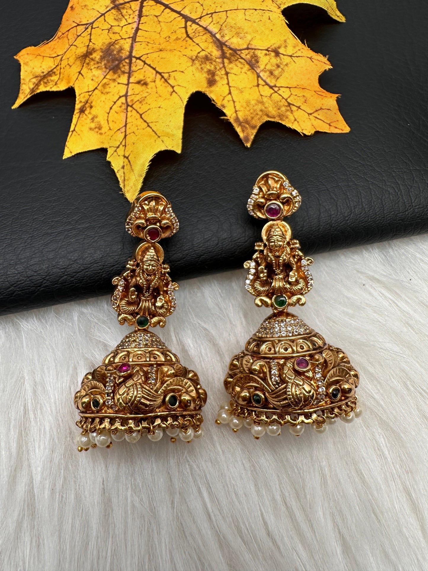 Matte Nakshi Goddess Lakshmi Jhumka Earrings