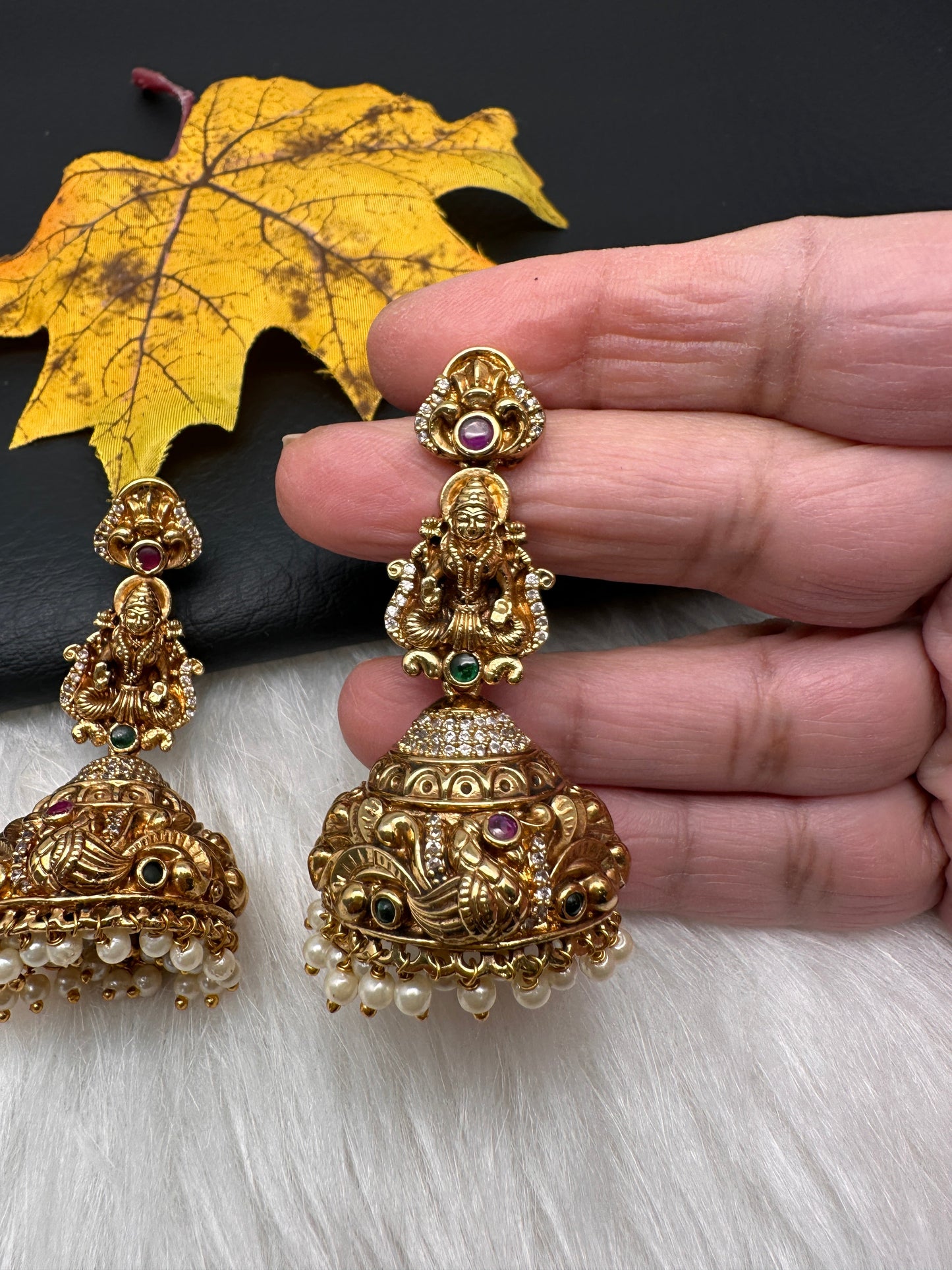 Matte Nakshi Goddess Lakshmi Jhumka Earrings