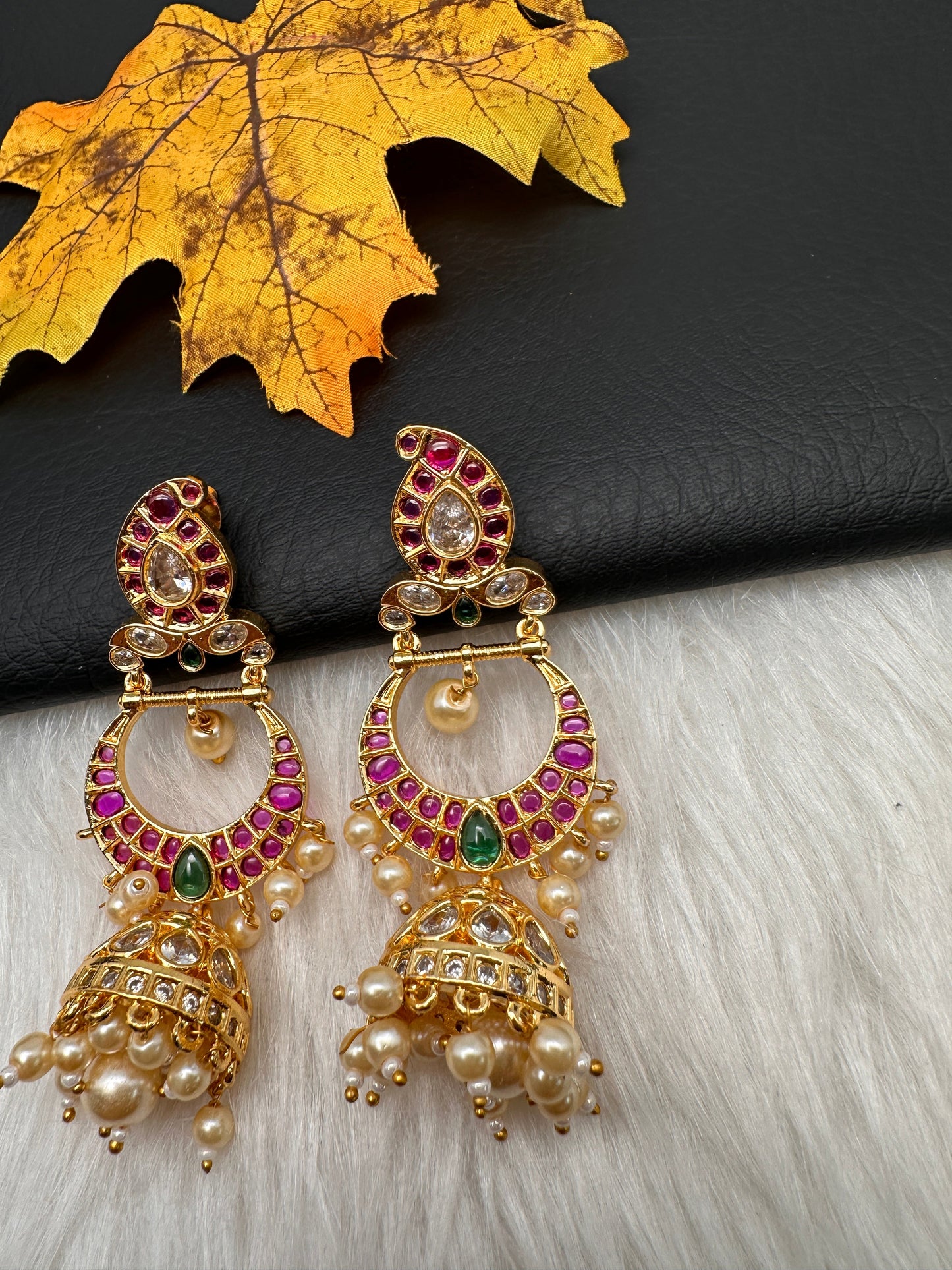 Gold Finish Kempu Long Jhumka Earrings