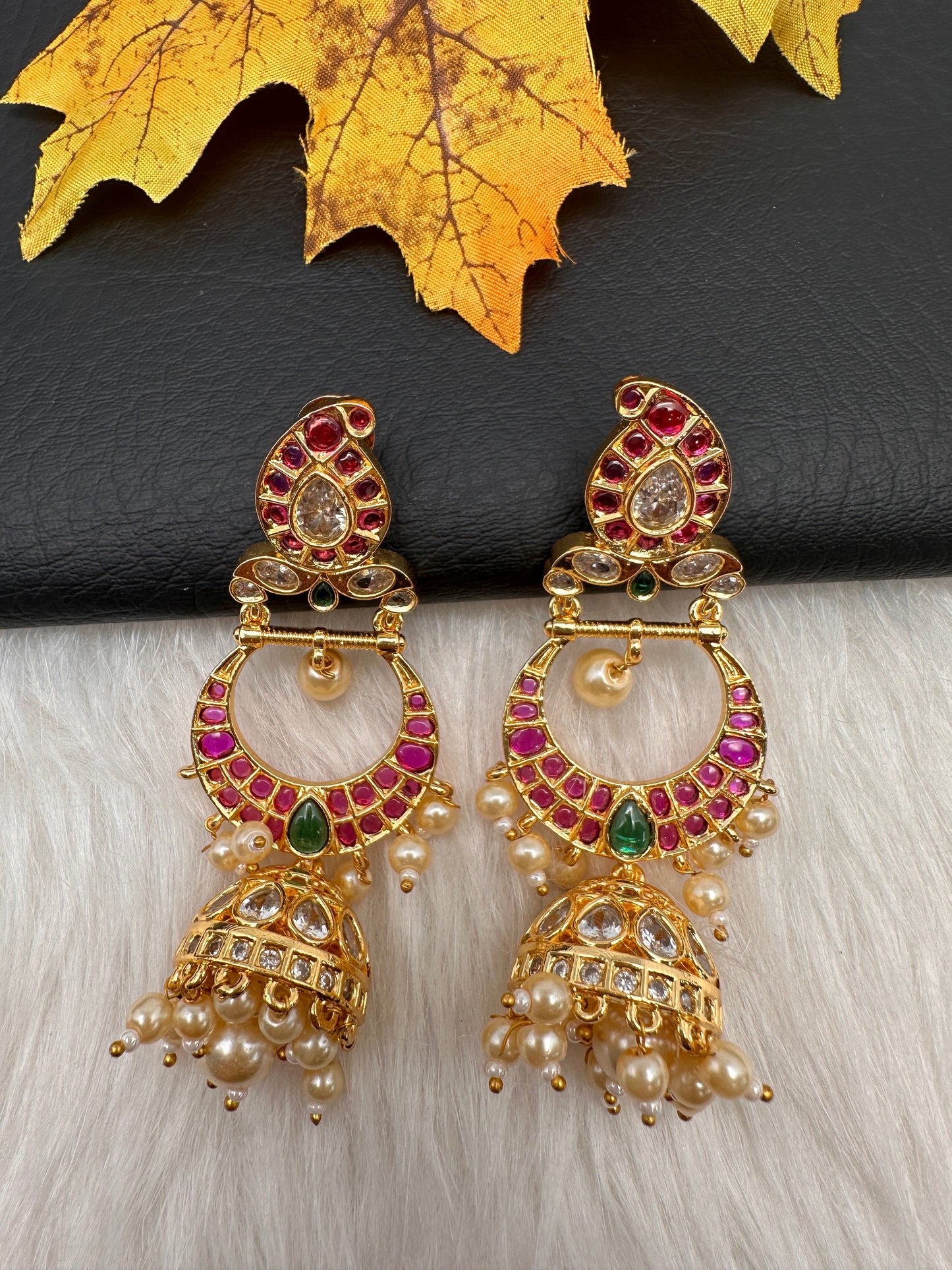 Gold Finish Kempu Long Jhumka Earrings