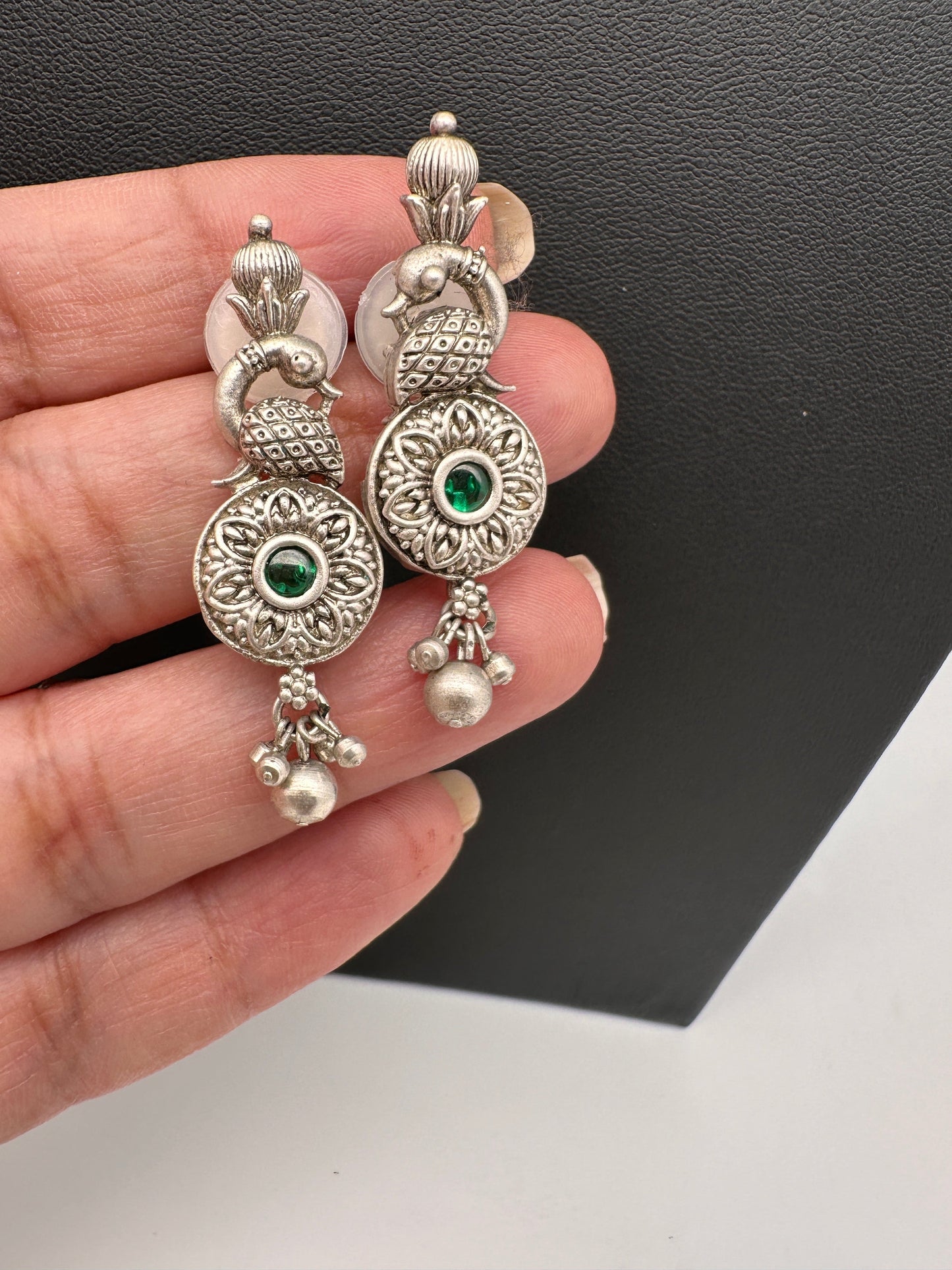 Goddess Lakshmi Peacock Silver Replica Short Necklace - Green