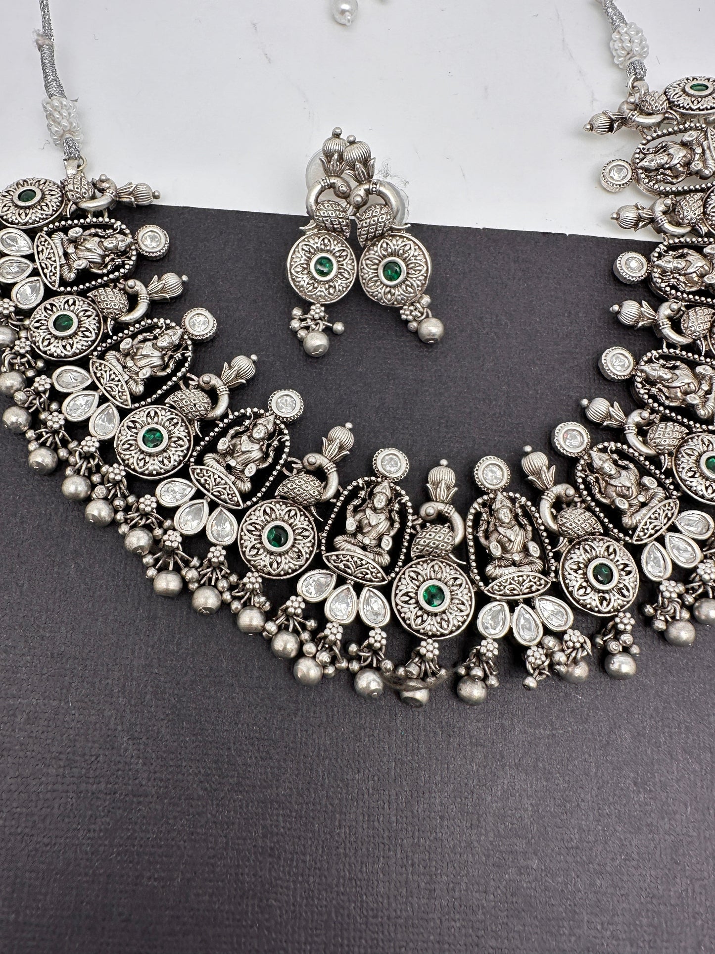 Goddess Lakshmi Peacock Silver Replica Short Necklace - Green