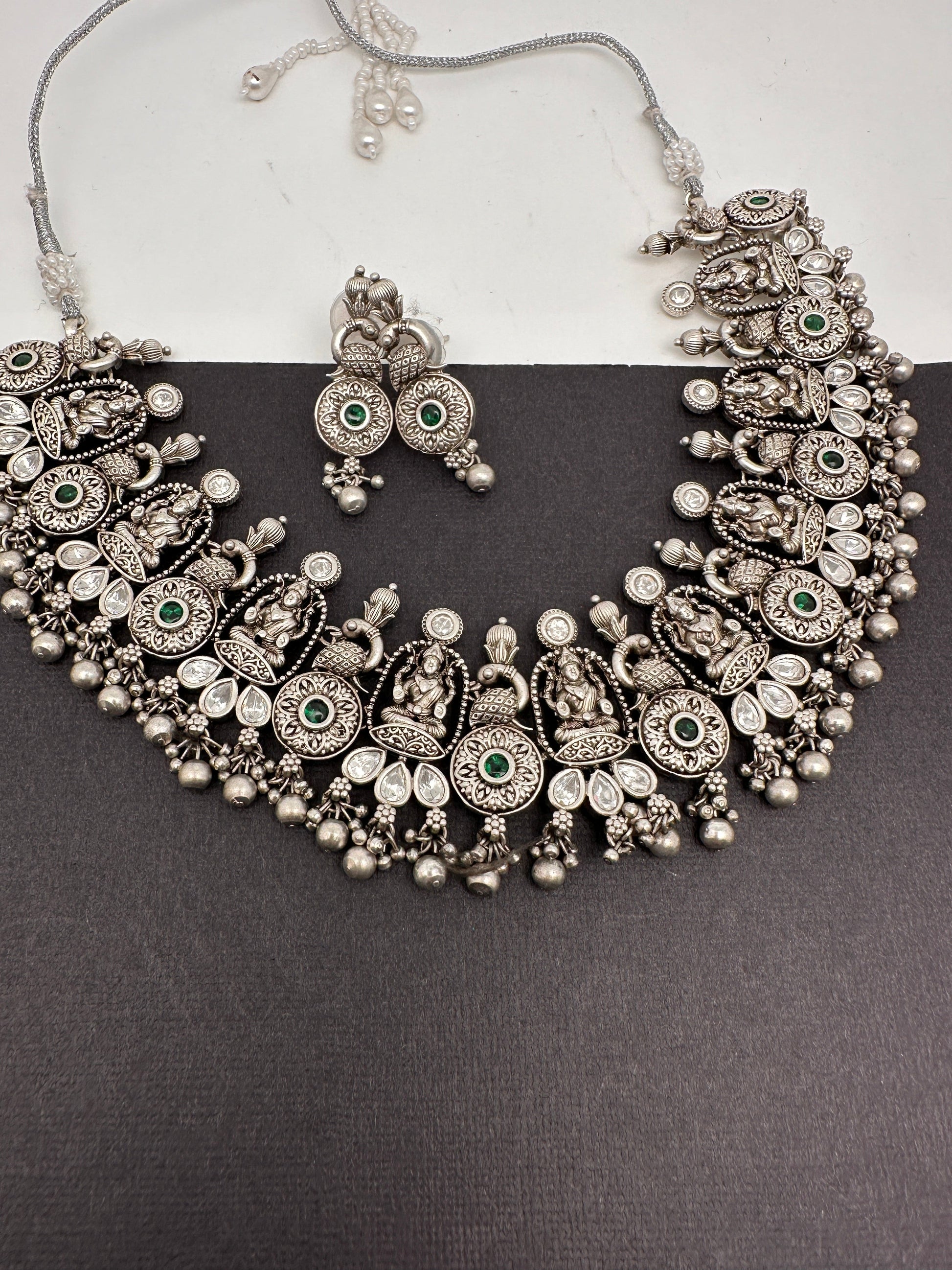 Goddess Lakshmi Peacock Silver Replica Short Necklace - Green