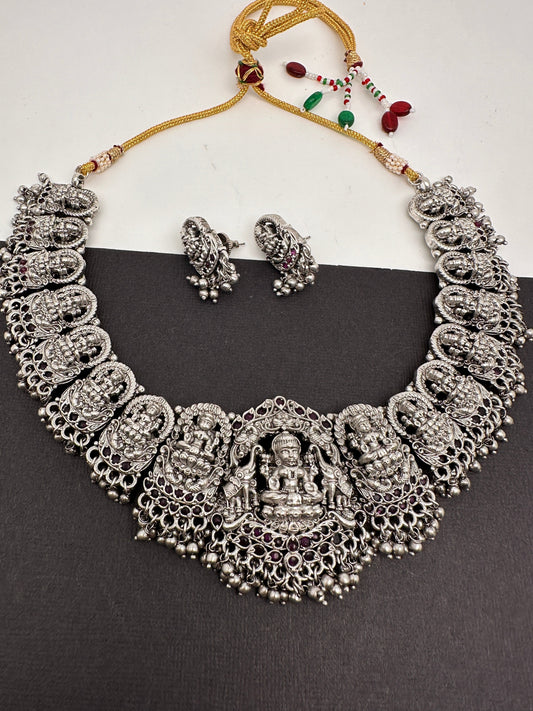 Goddess Lakshmi Elephant Silver Replica Short Necklace