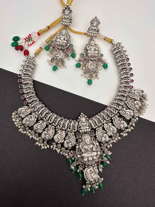 Goddess Lakshmi Peacock Silver Replica Short Necklace - Green