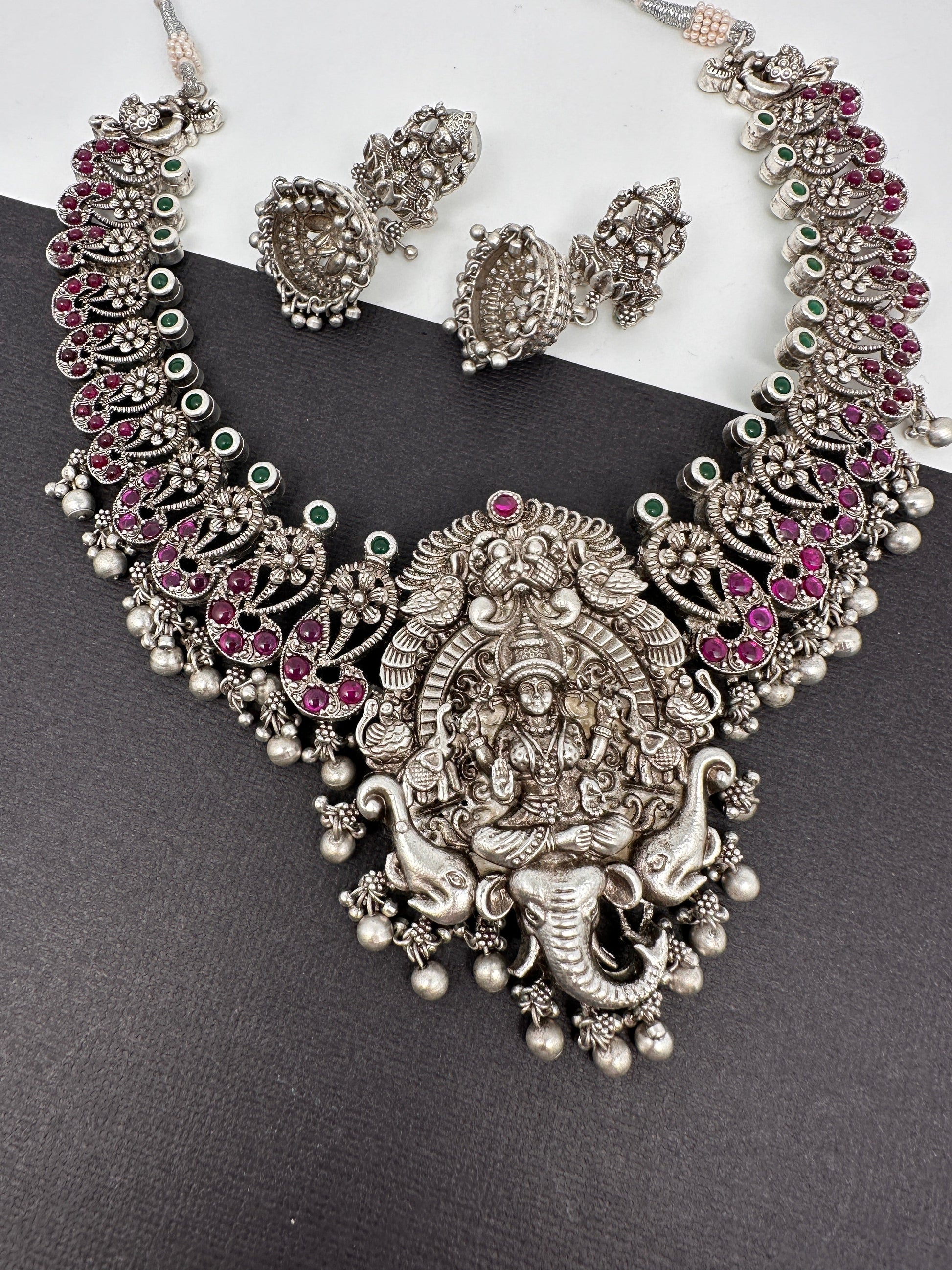 Goddess Lakshmi Eelphant Silver Replica Short Necklace