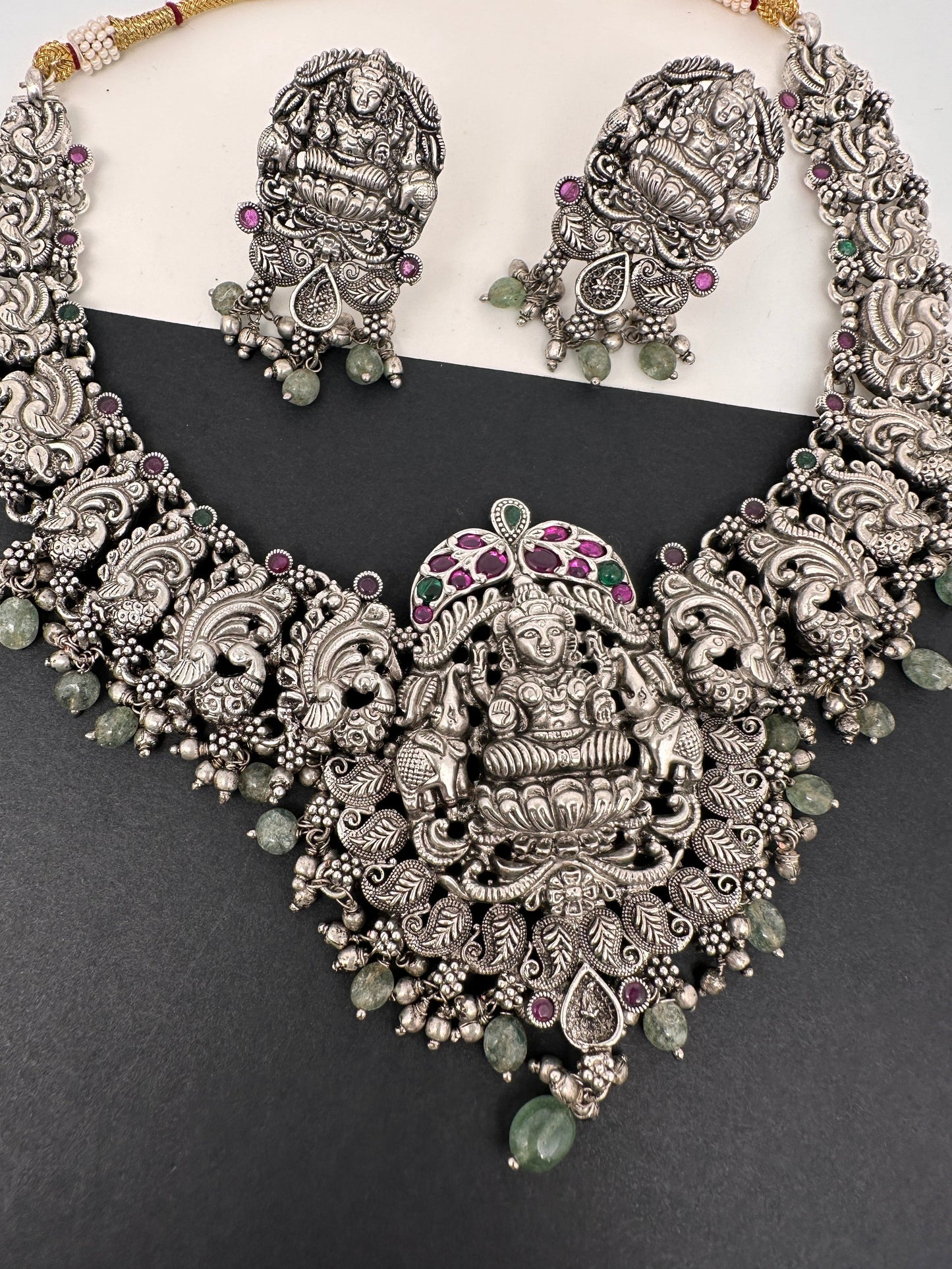 Goddess lakshmi Peacock Potta Stones Oxidized German Silver Necklace