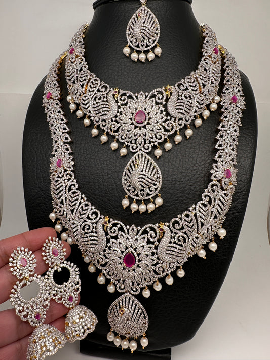 AD Diamond Finish Ganga Jamuna Polish Floral Green Stone Long Short Stiff Necklace Combo Set