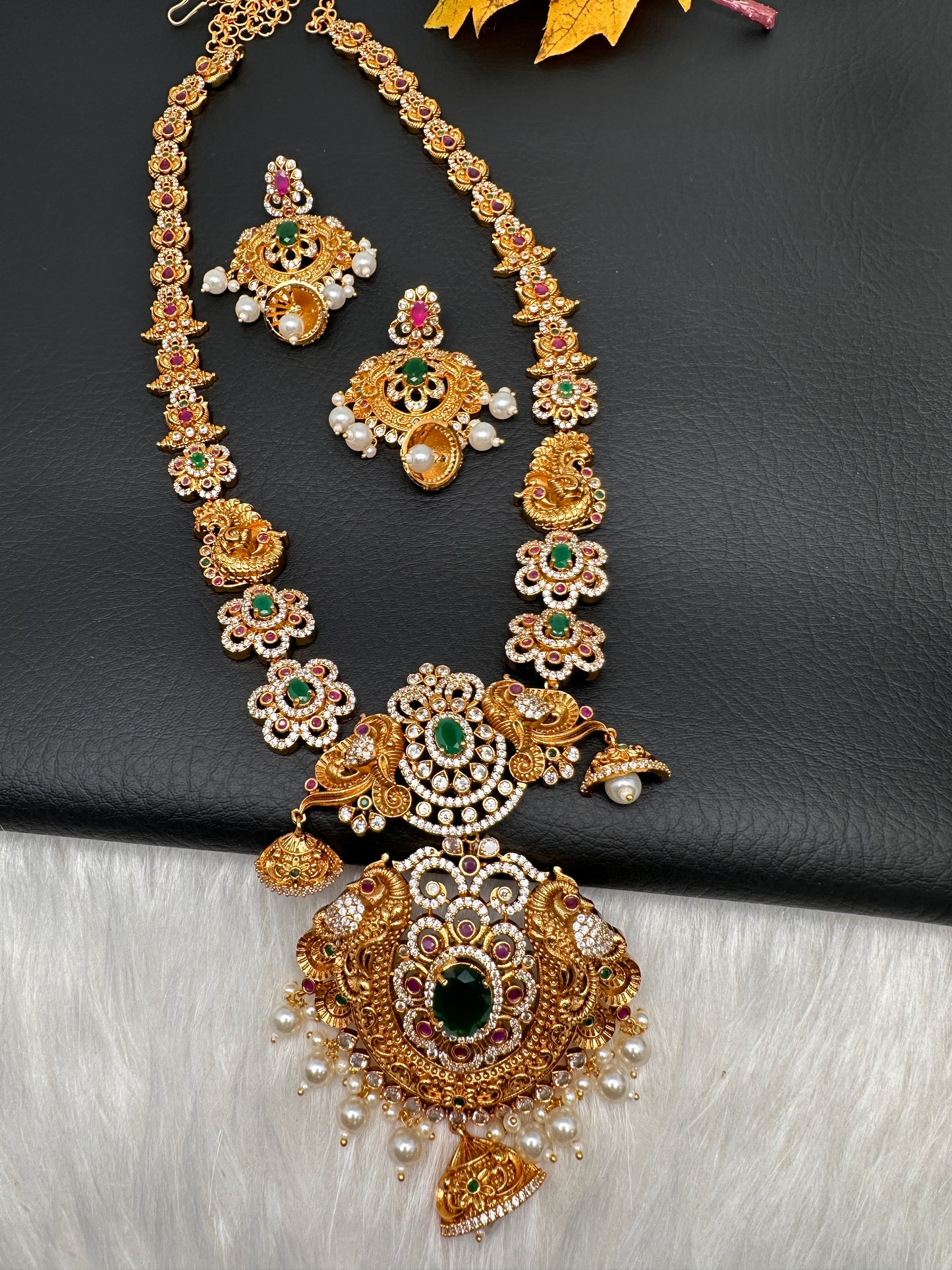 Floral Peacock Design CZ Matte Finish Ethnic Necklace