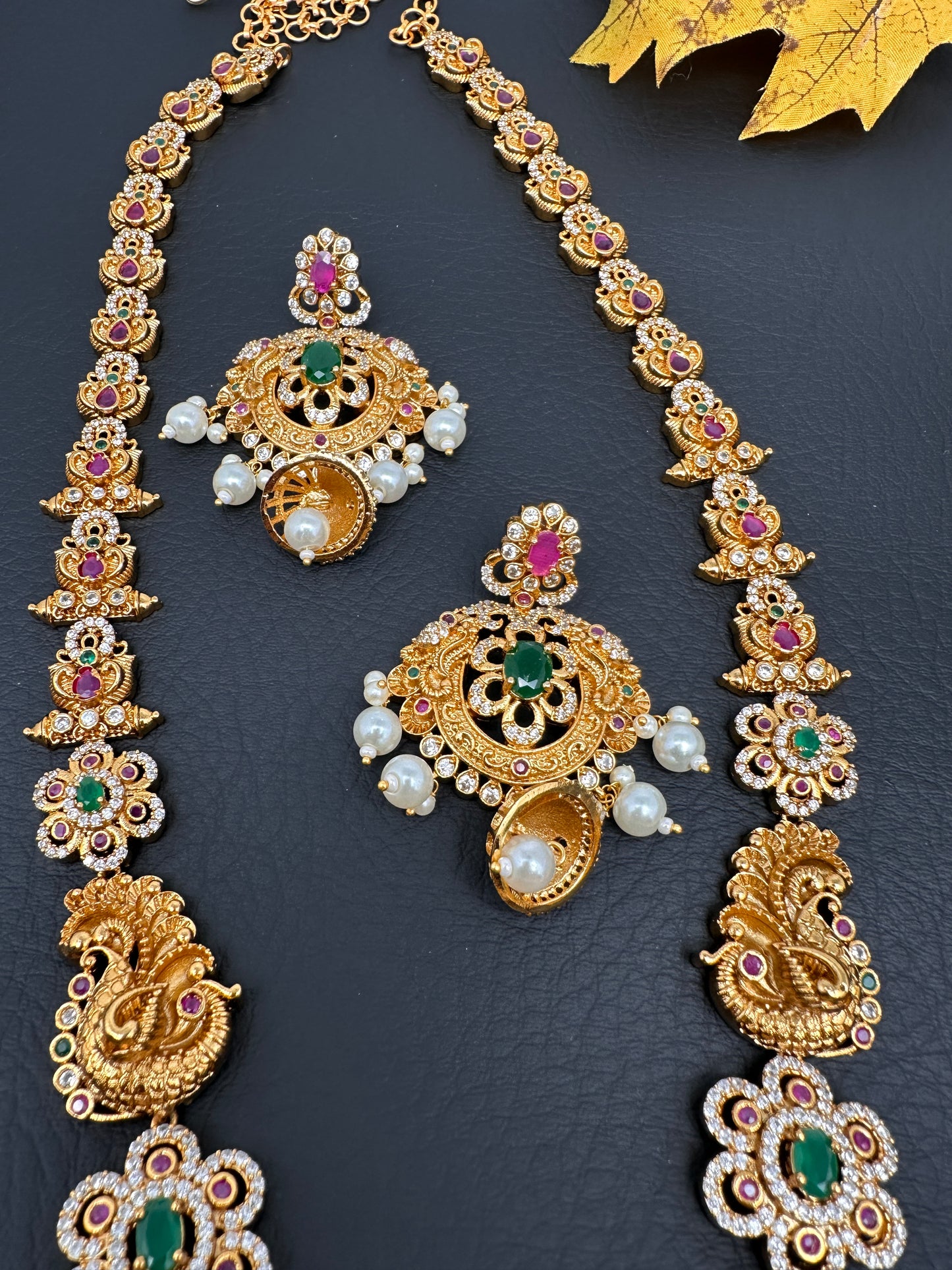 Floral Peacock Design CZ Matte Finish Ethnic Necklace