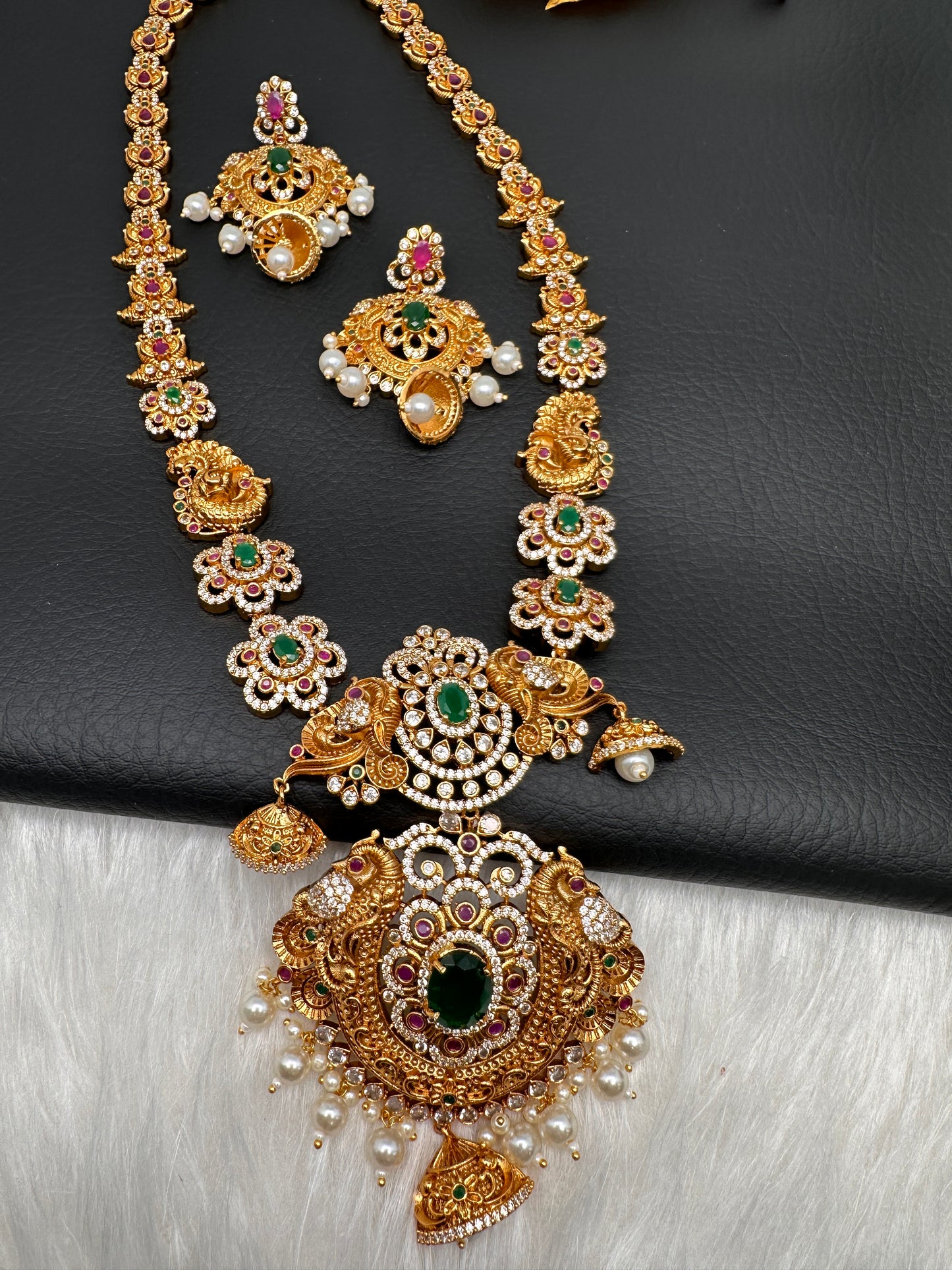 Floral Peacock Design CZ Matte Finish Ethnic Necklace