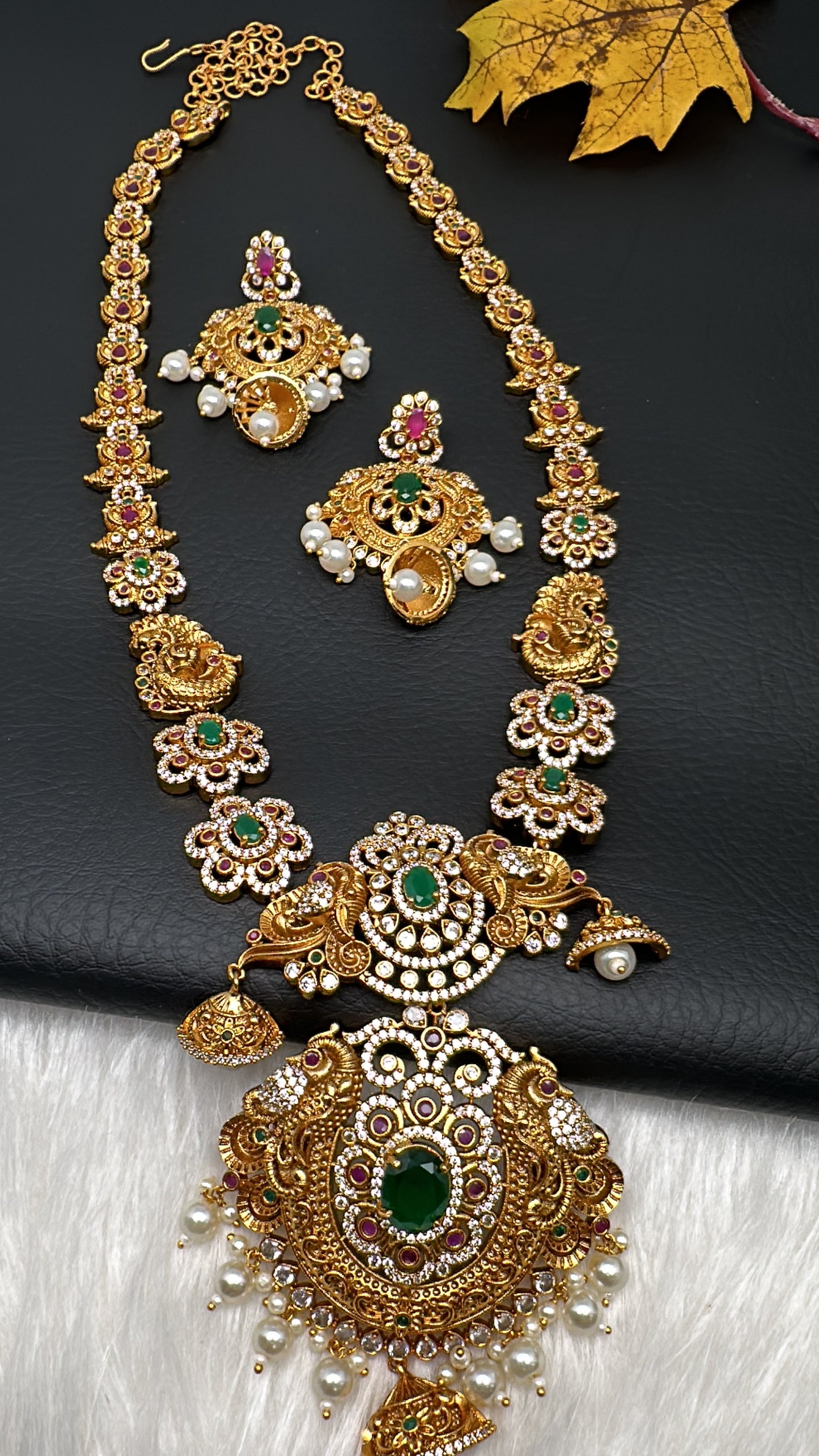 Floral Peacock Design CZ Matte Finish Ethnic Necklace