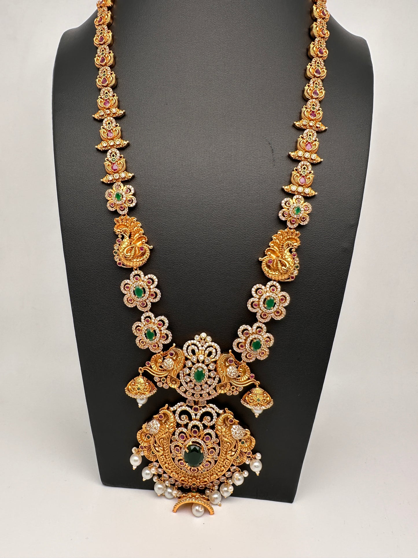 Floral Peacock Design CZ Matte Finish Ethnic Necklace