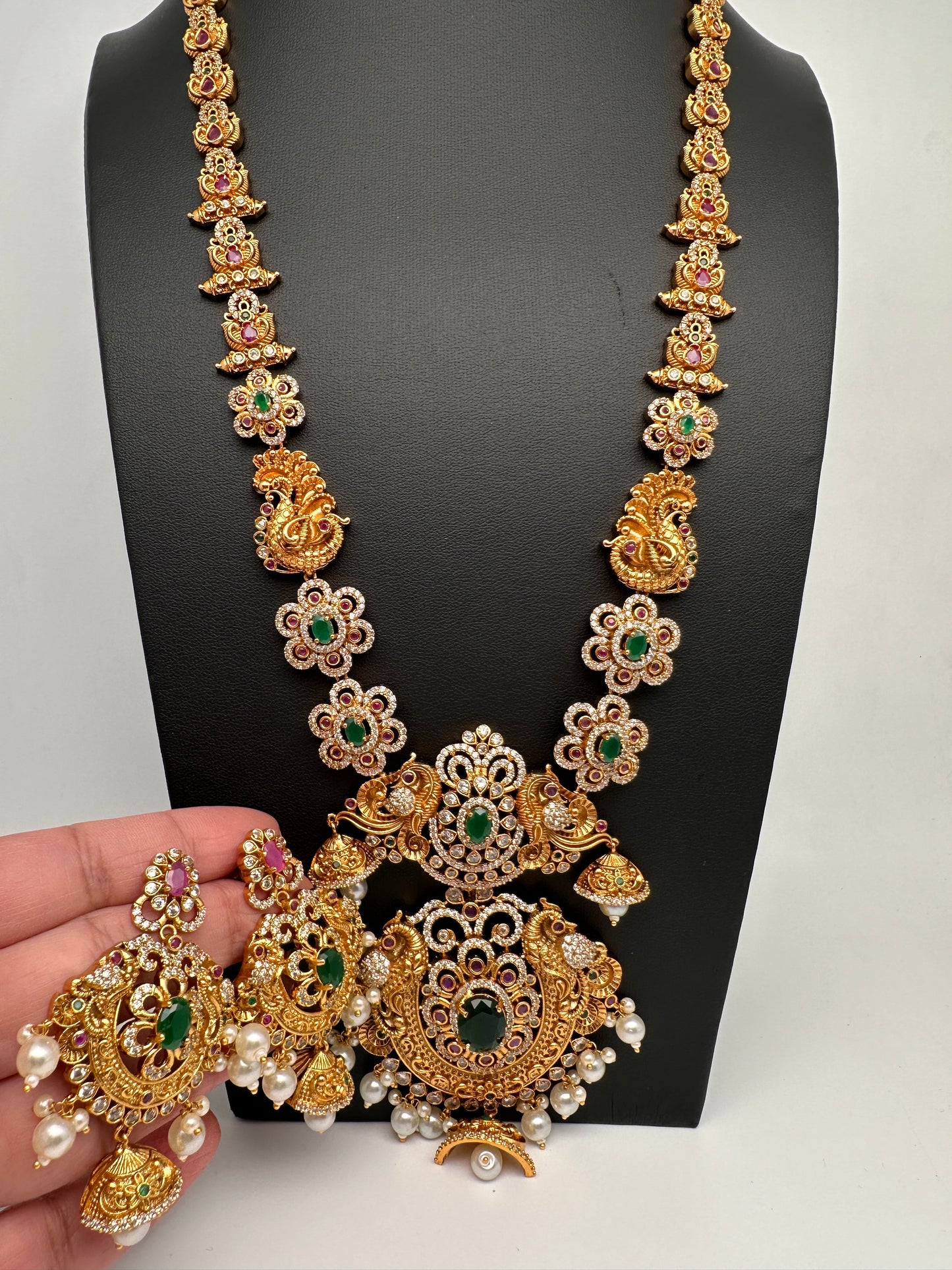 Floral Peacock Design CZ Matte Finish Ethnic Necklace