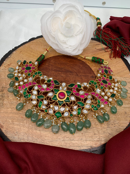 Red Green Jadau Kundan Emerald Beads Necklace