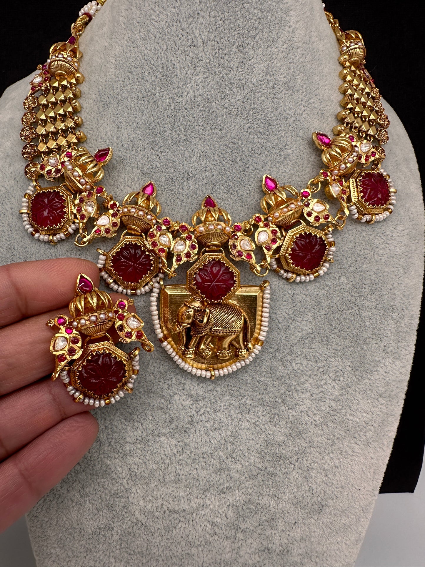 Elephant Nakshi Red Jadau Kundan Statement Neckline Necklace