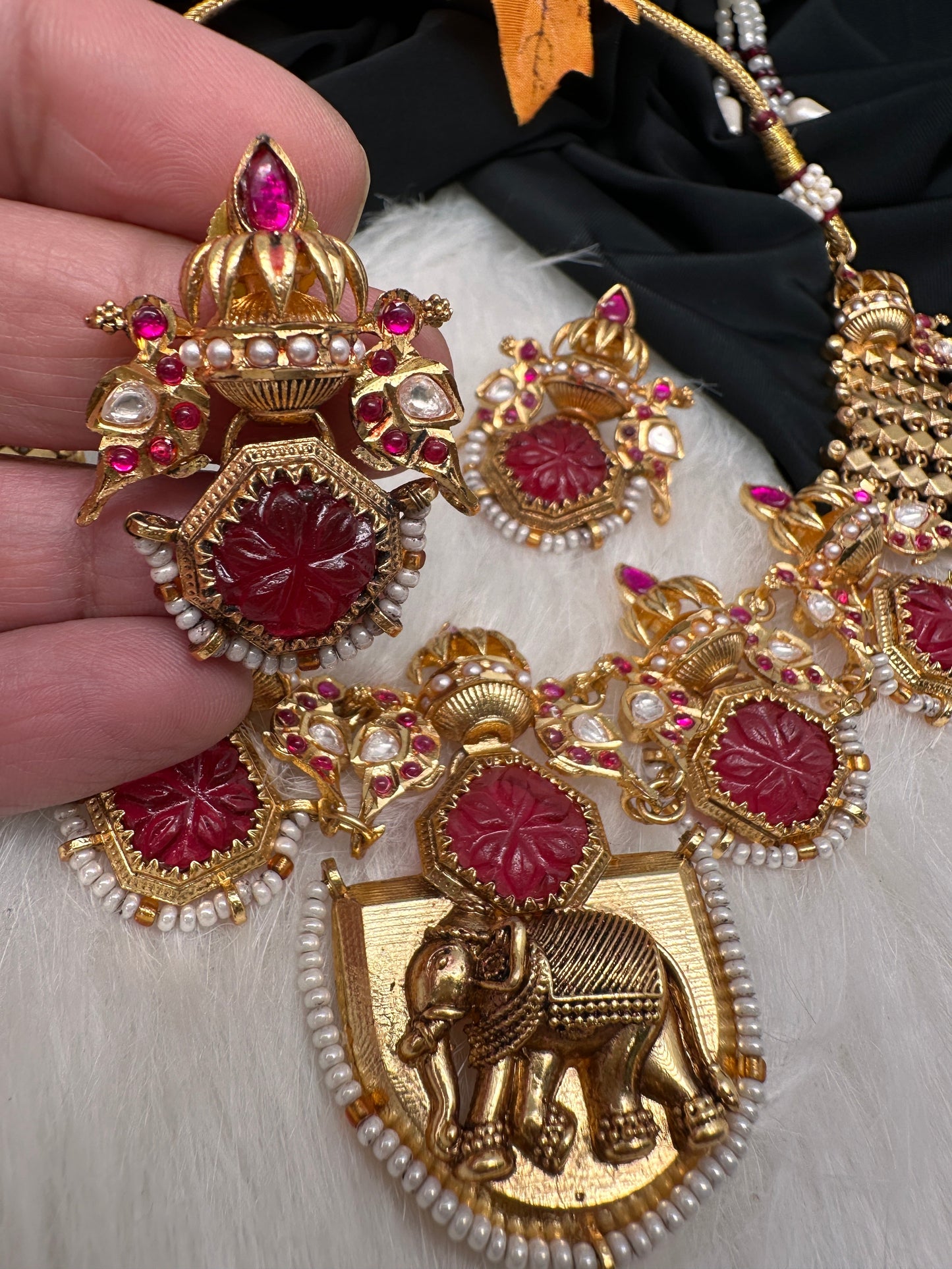 Elephant Nakshi Red Jadau Kundan Statement Neckline Necklace