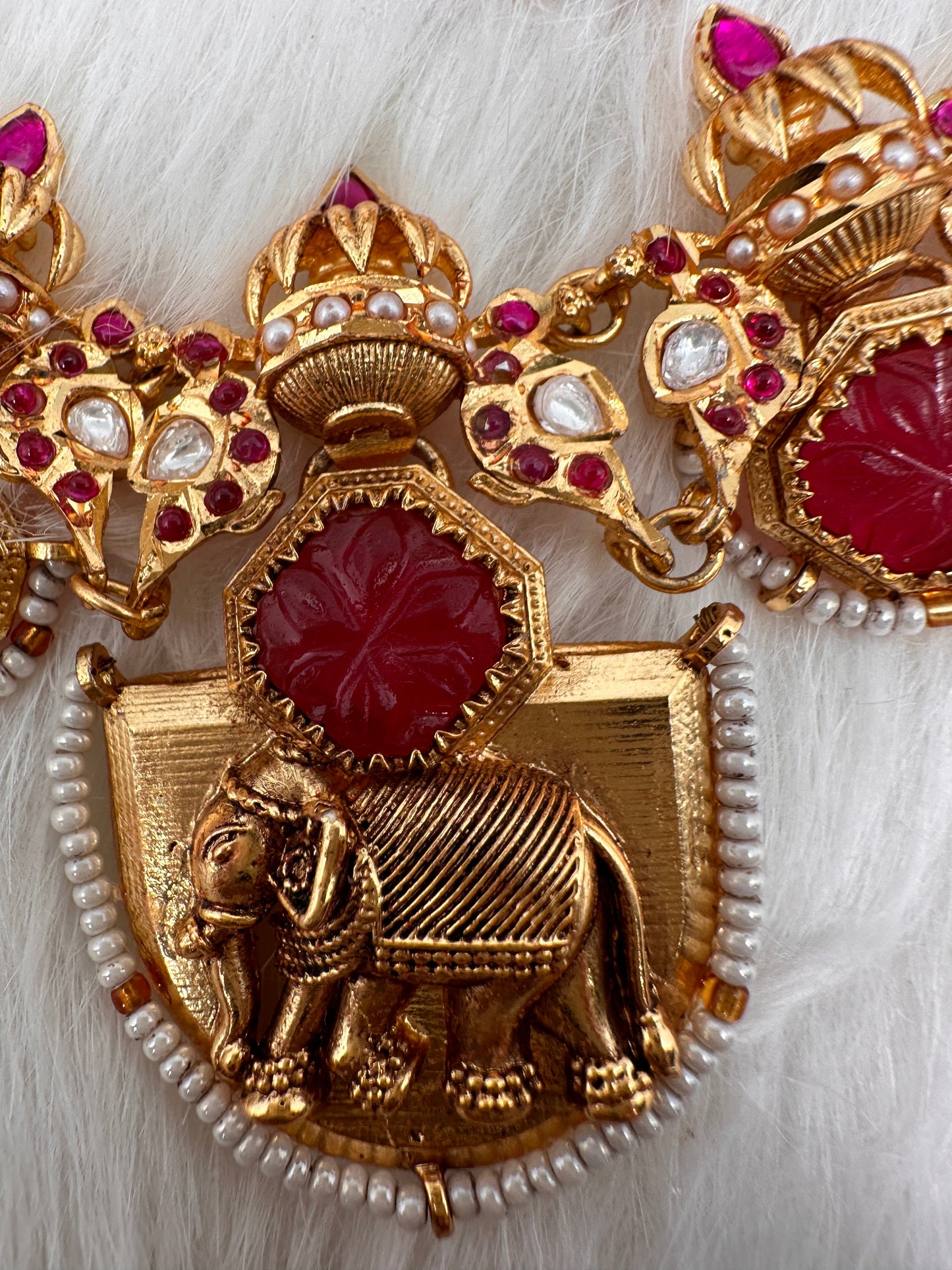 Elephant Nakshi Red Jadau Kundan Statement Neckline Necklace