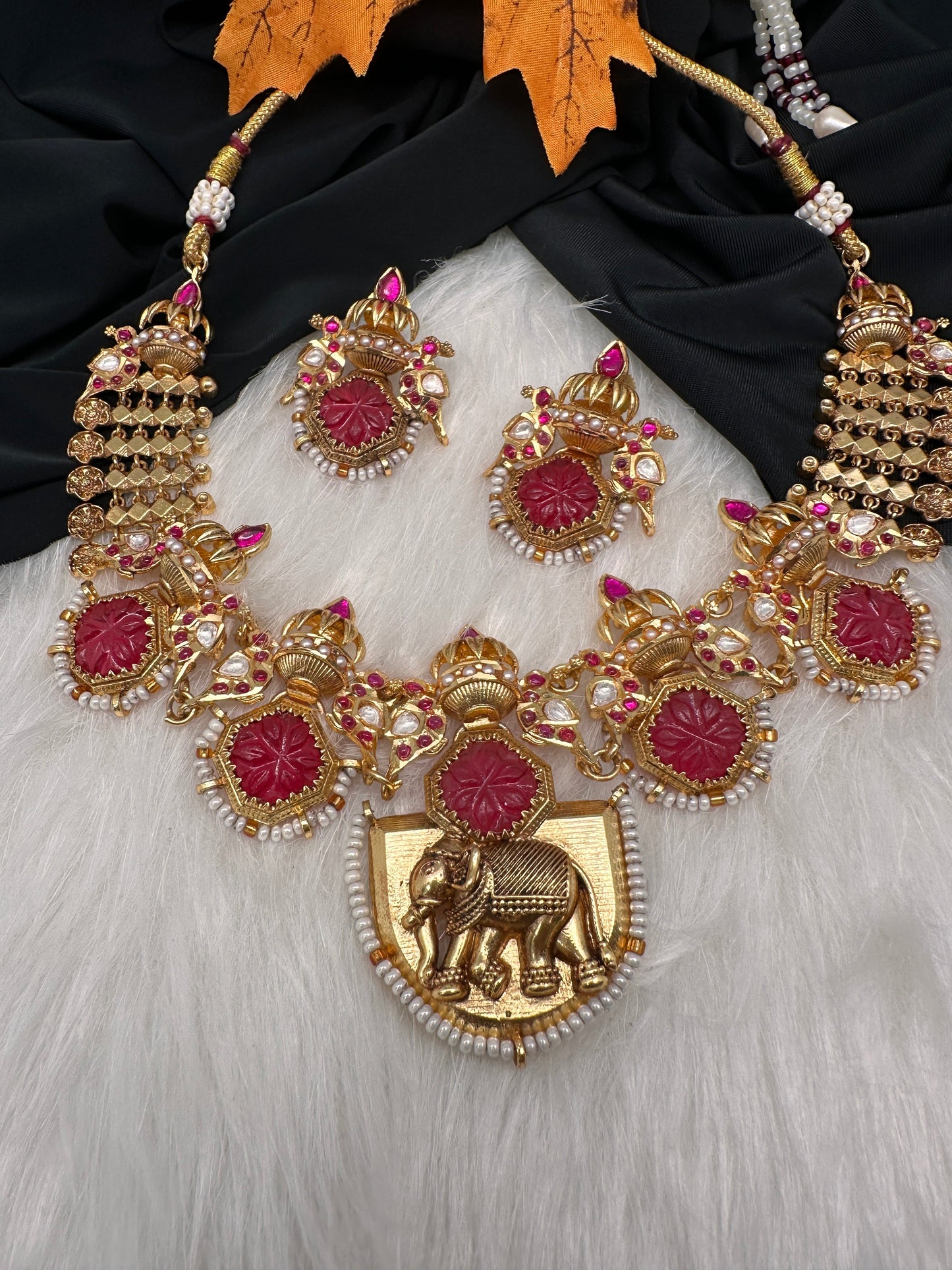 Elephant Nakshi Red Jadau Kundan Statement Neckline Necklace