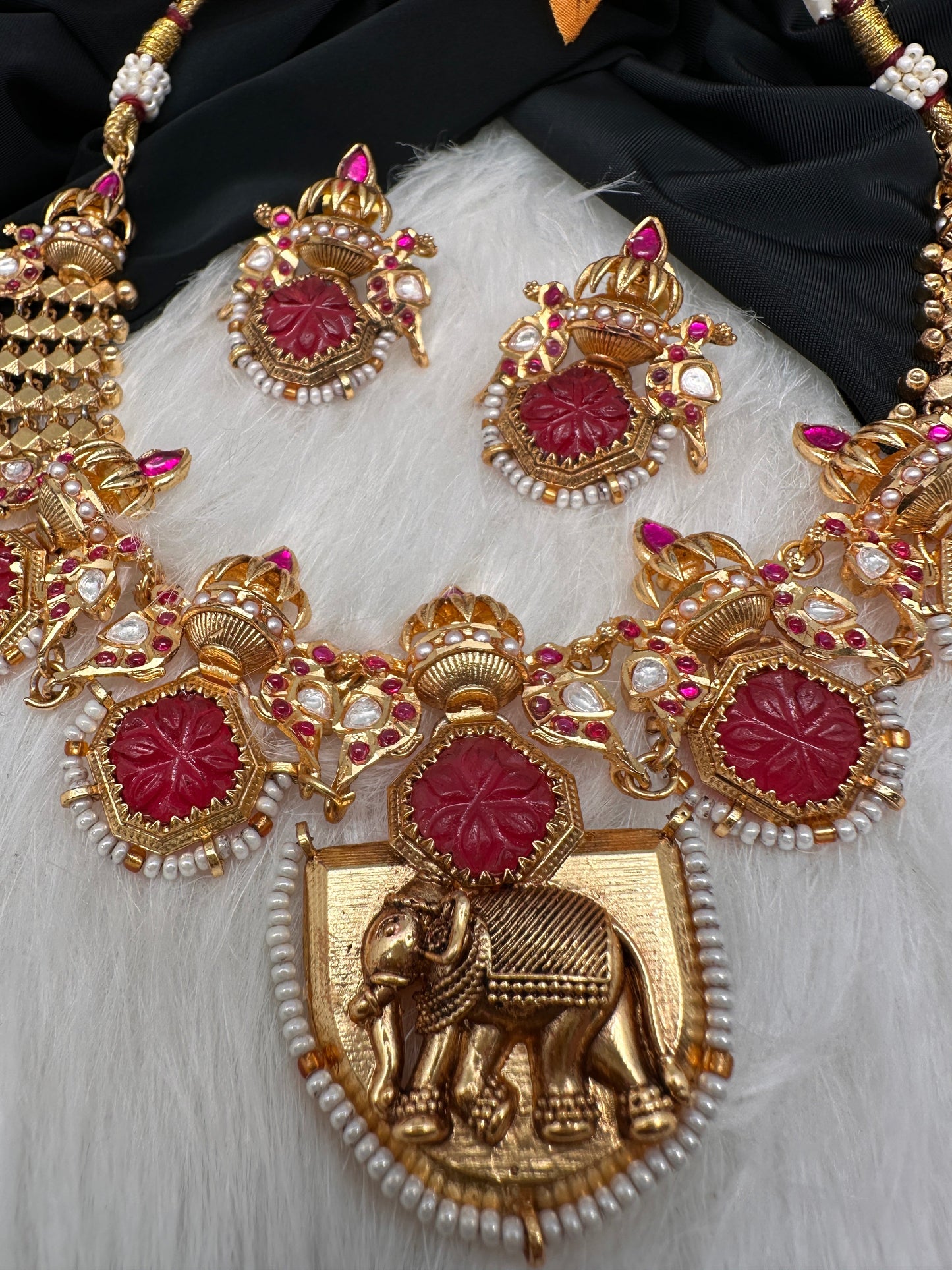 Elephant Nakshi Red Jadau Kundan Statement Neckline Necklace