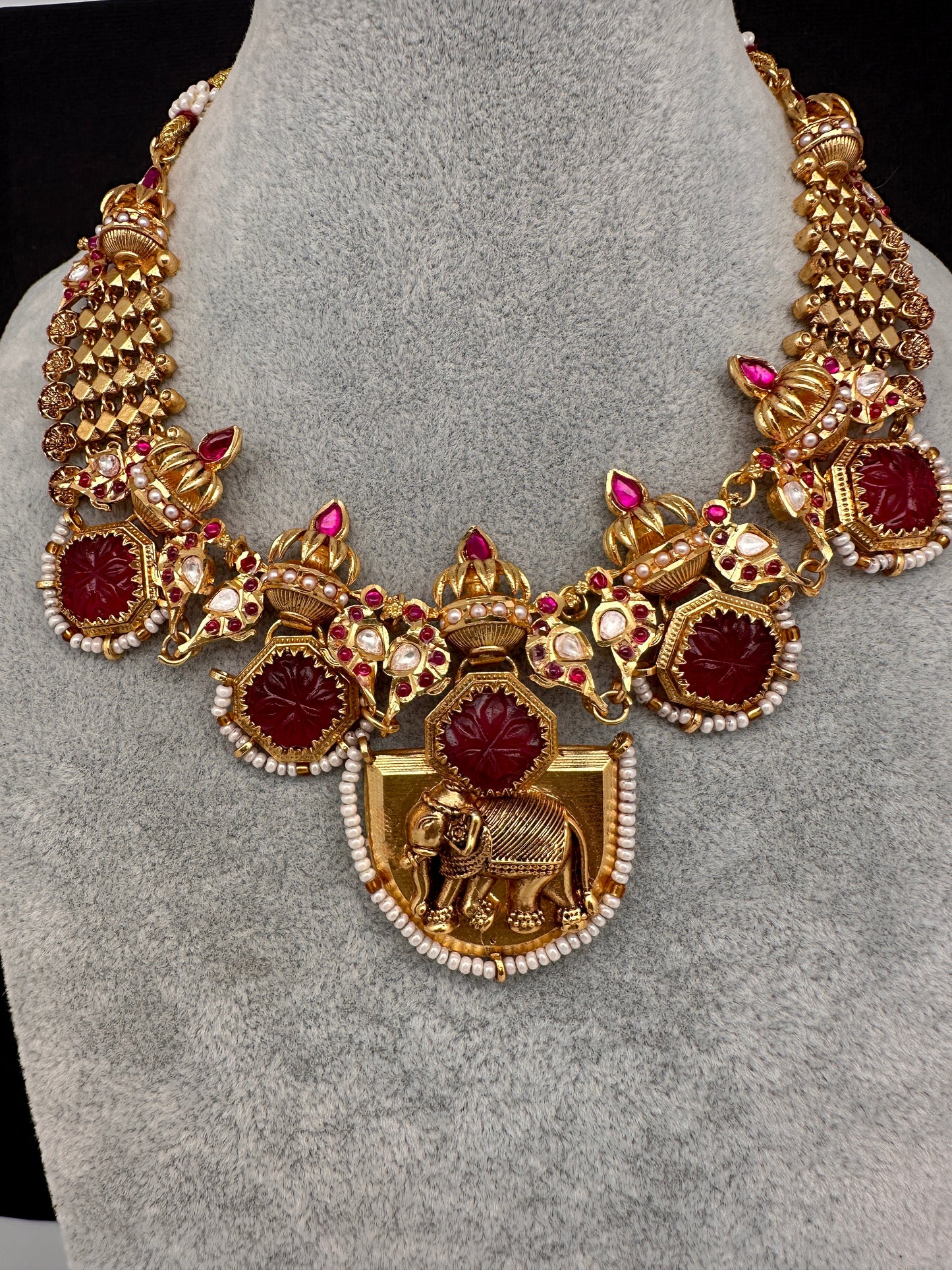 Elephant Nakshi Red Jadau Kundan Statement Neckline Necklace