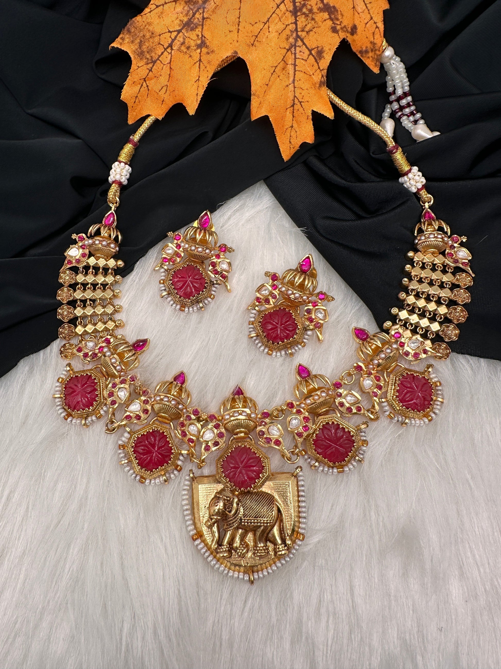 Elephant Nakshi Red Jadau Kundan Statement Neckline Necklace