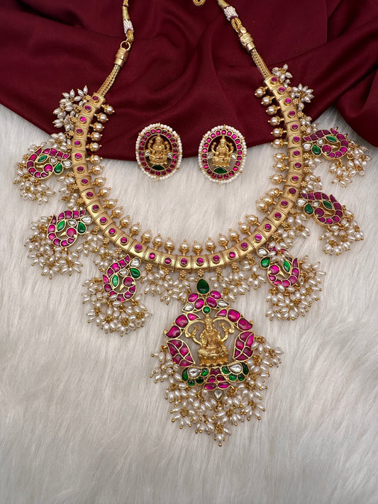 Jadau Kundan Goddess Lakshmi Rice Pearls Necklace