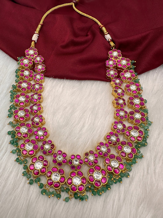 Jadau Kundan Emerald Beads Pearls Double Layer Necklace