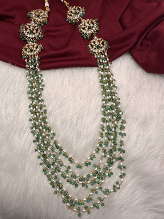 Jadau Kundan Multi Layer Green Beads Rani Haar Necklace