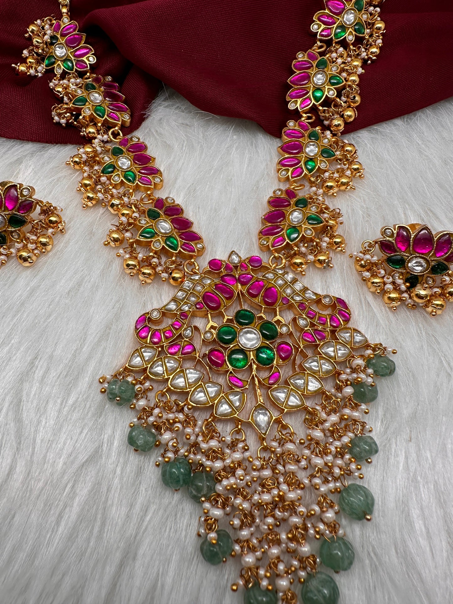 Jadau Kundan Lotus Emerald Beads Necklace