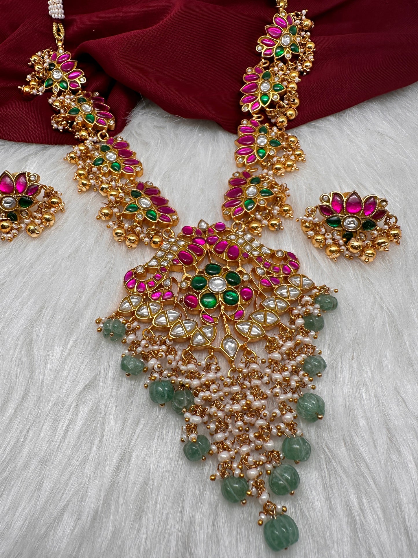 Jadau Kundan Lotus Emerald Beads Necklace