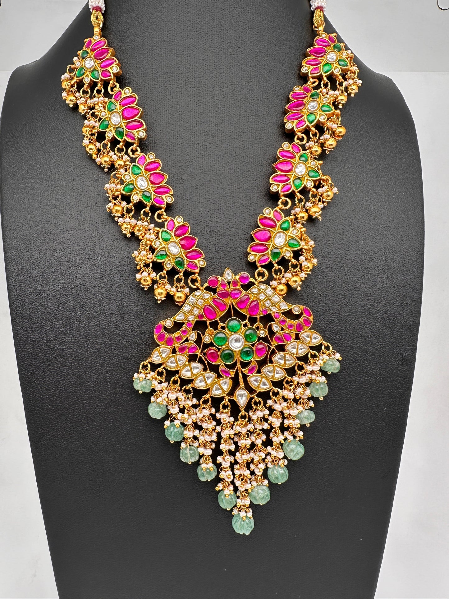 Jadau Kundan Lotus Emerald Beads Necklace