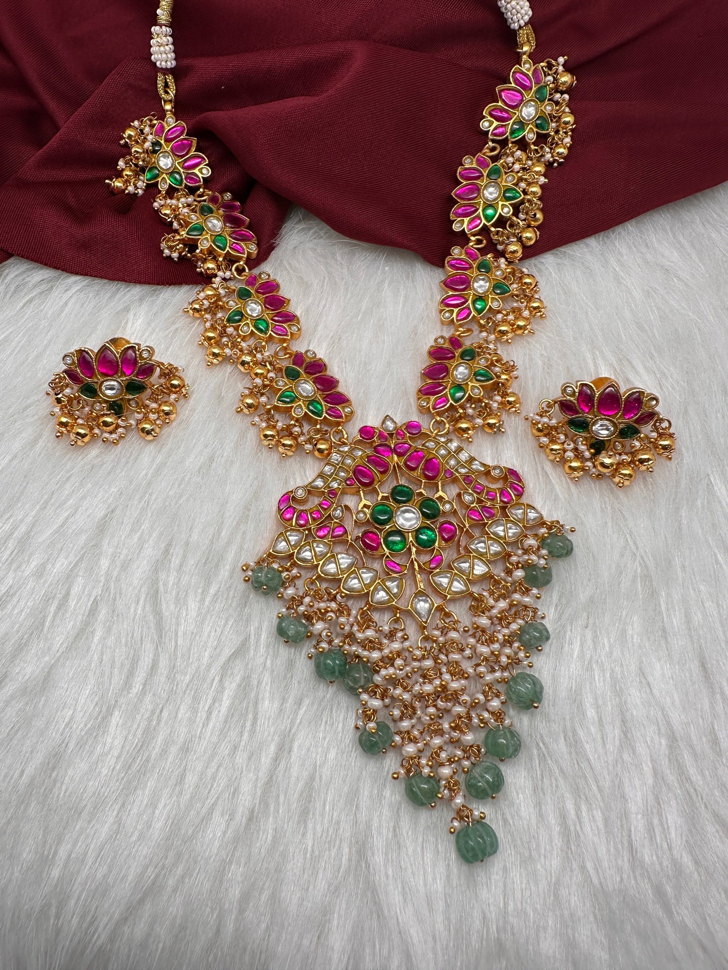 Jadau Kundan Lotus Emerald Beads Necklace