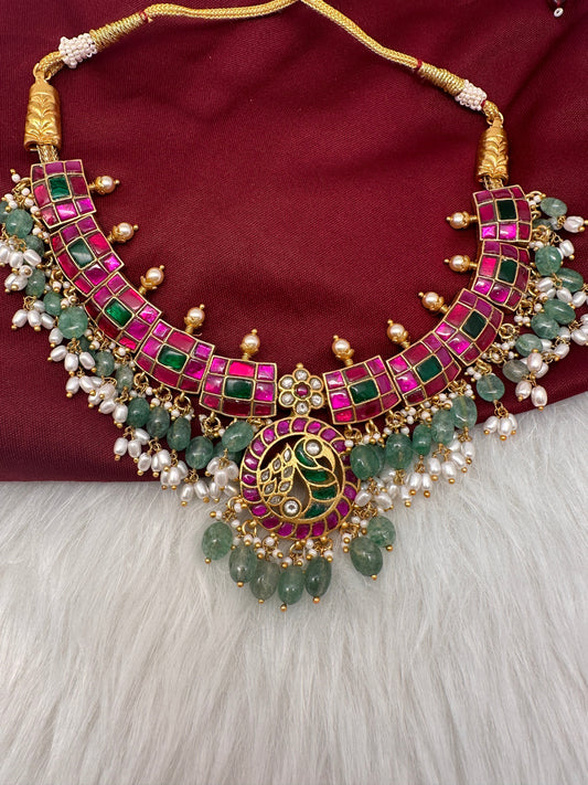 Jadau Kundan Pink Green Neckline Necklace