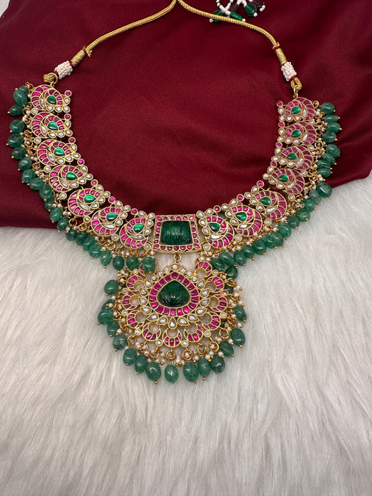 Jadau Kundan  Green Carved Stone Neckline Necklace