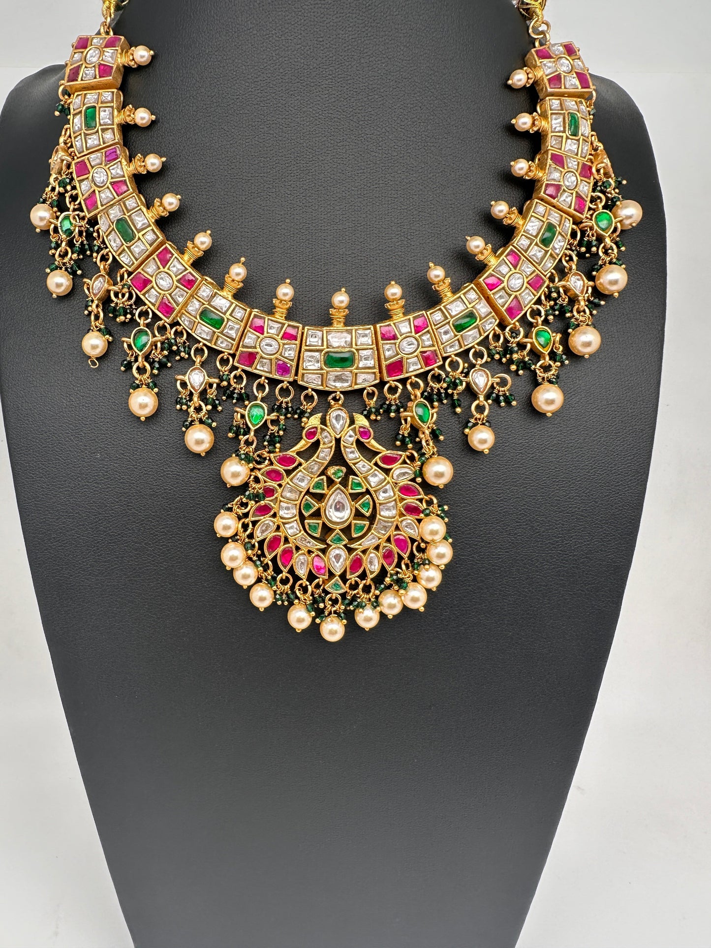 Jadau Kundan Multi Color Neckline Necklace with Emerald Beads