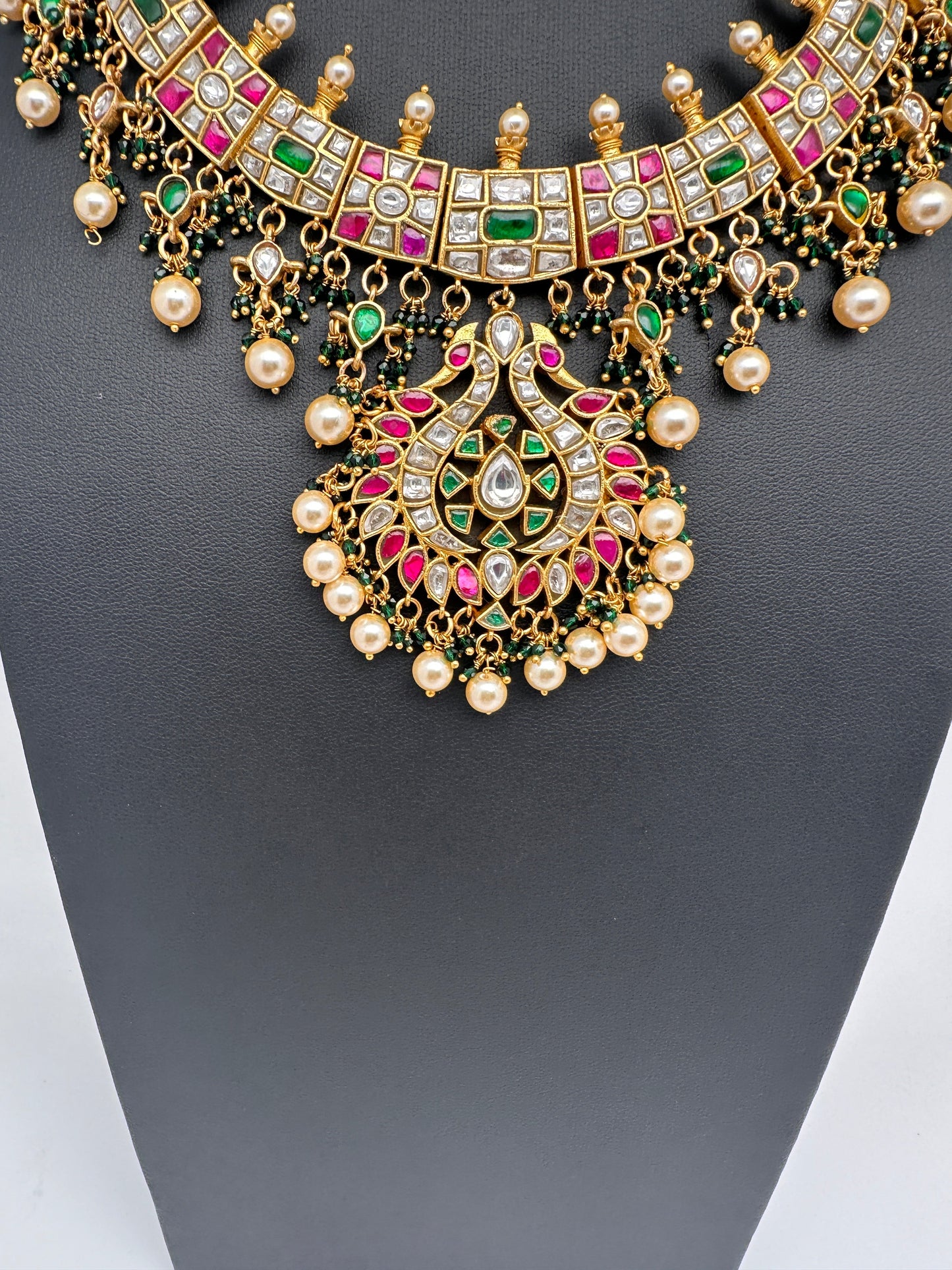 Jadau Kundan Multi Color Neckline Necklace with Emerald Beads