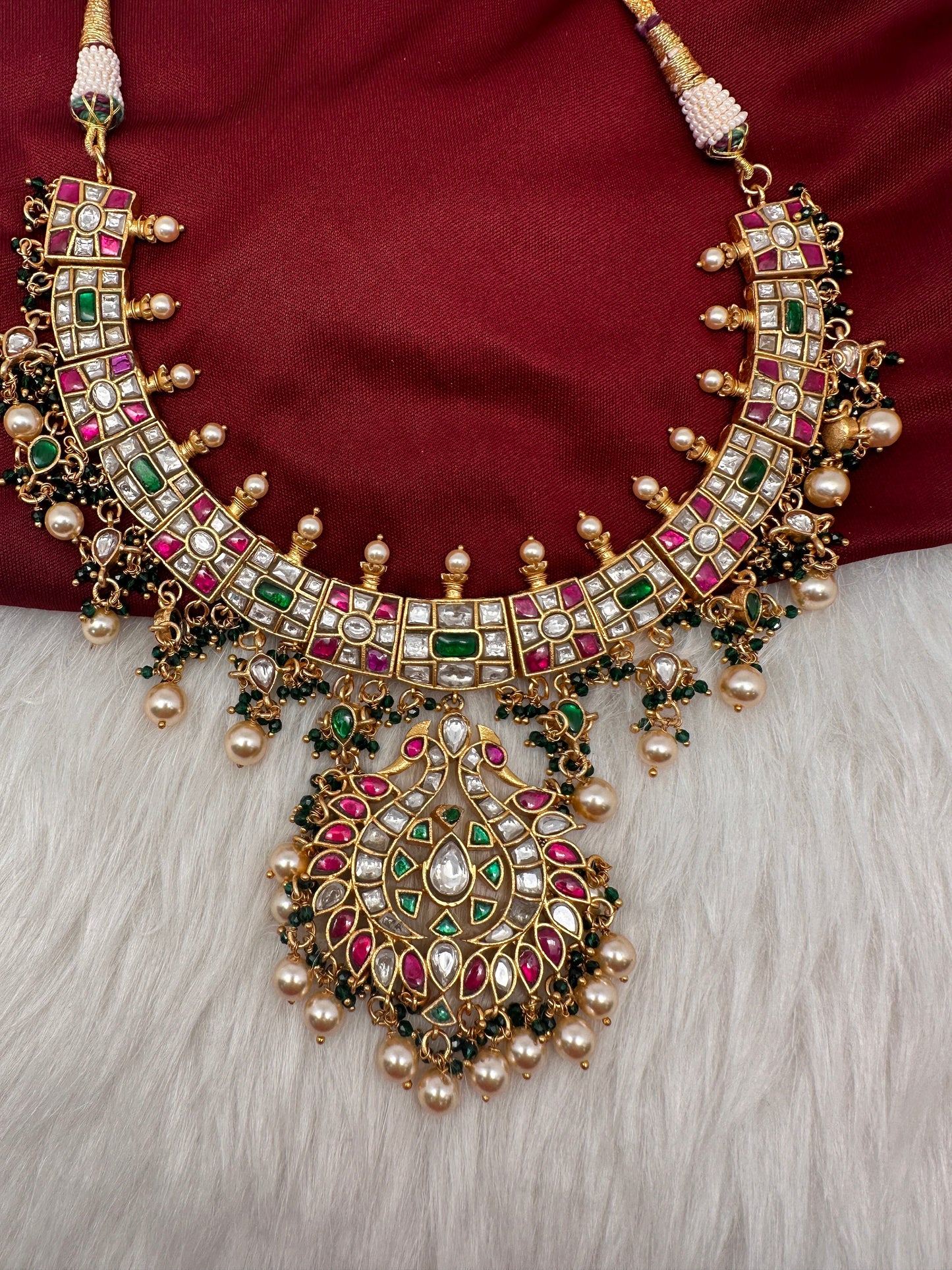 Jadau Kundan Multi Color Neckline Necklace with Emerald Beads