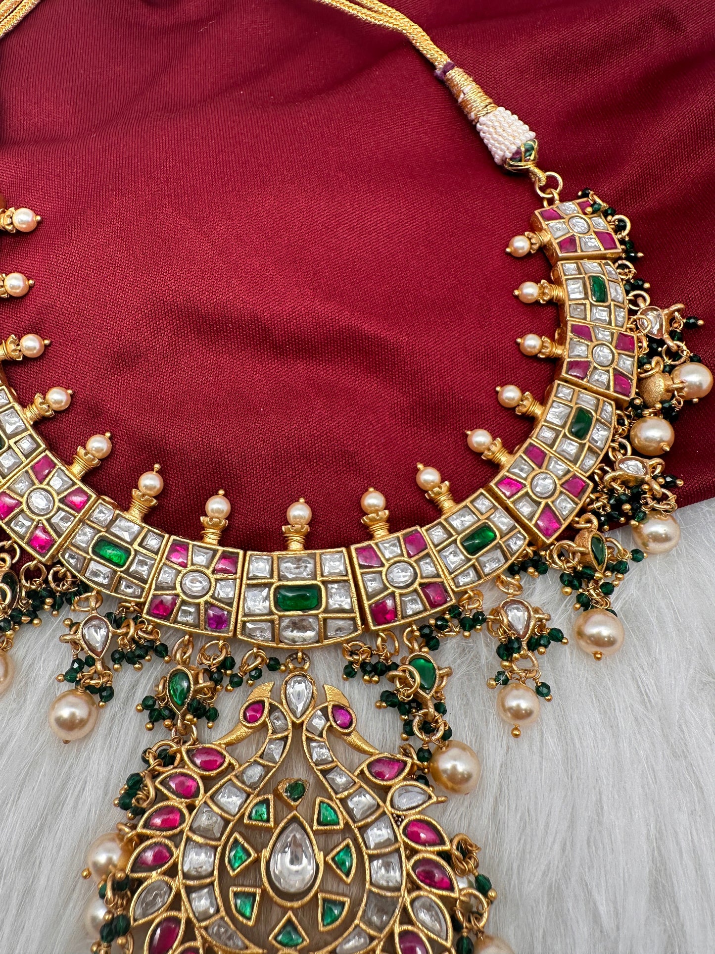 Jadau Kundan Multi Color Neckline Necklace with Emerald Beads