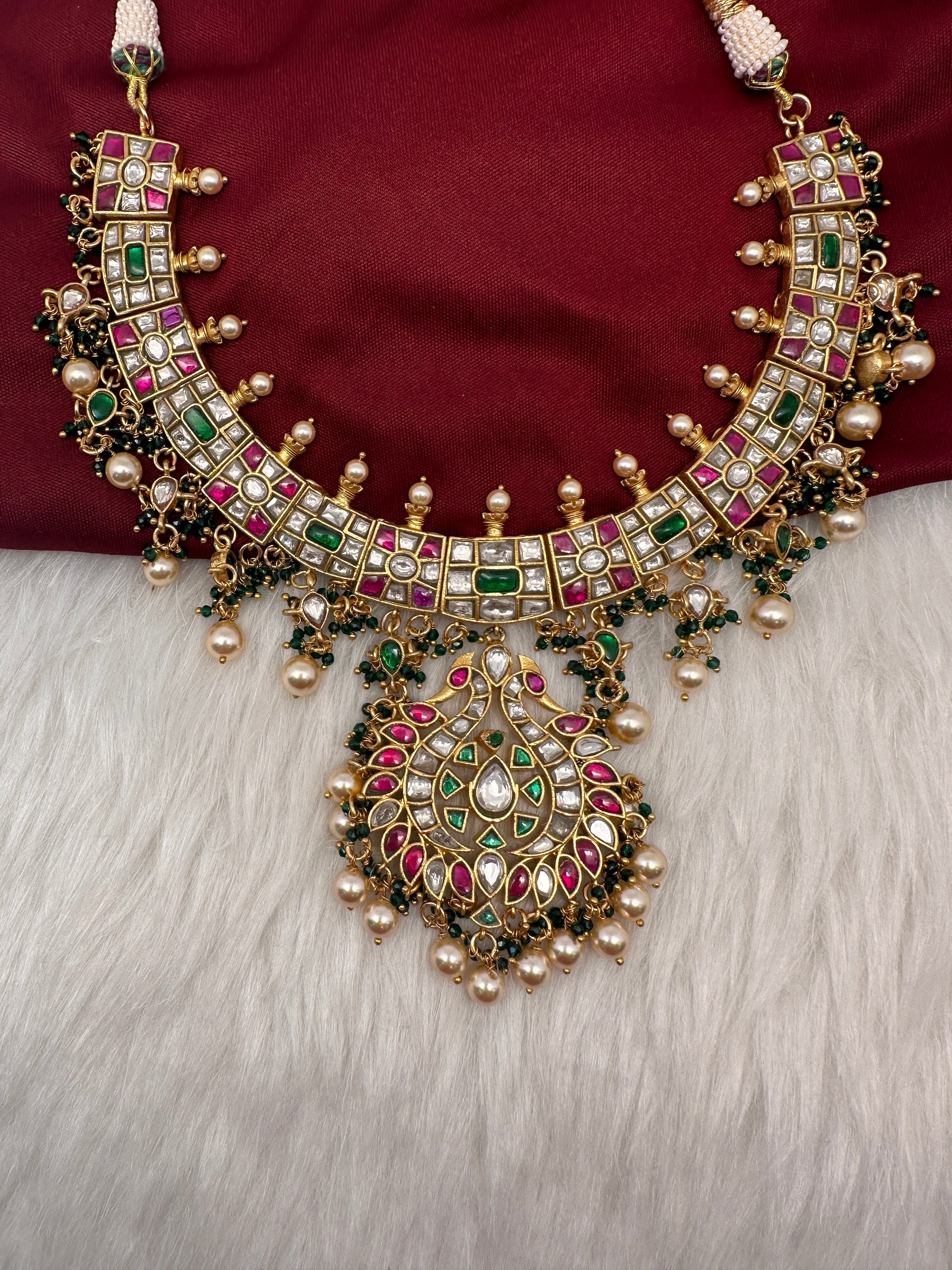 Jadau Kundan Multi Color Neckline Necklace with Emerald Beads