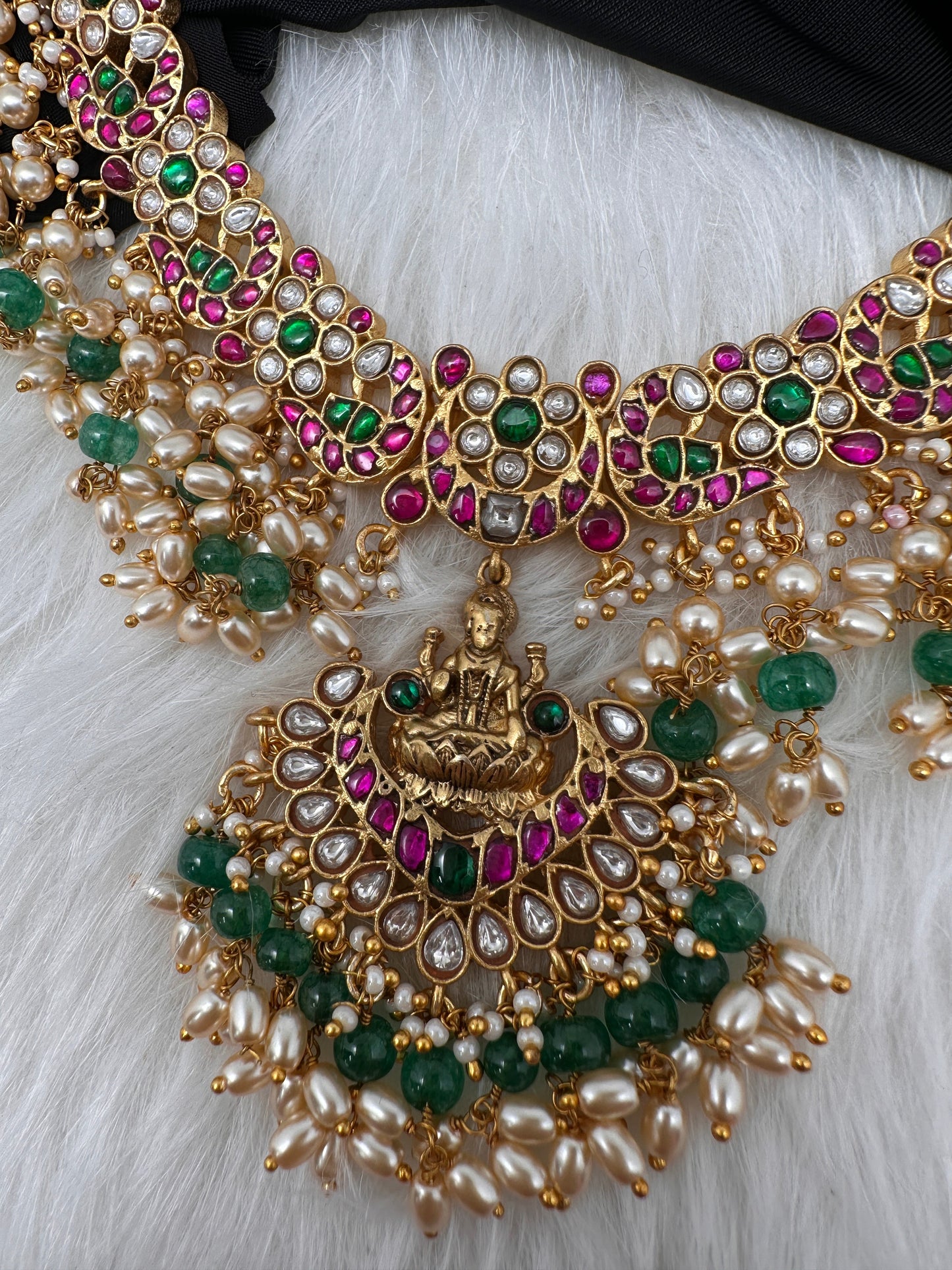 Jadau Kundan Goddess Lakshmi Short Neckline Necklace with Emerald Beads