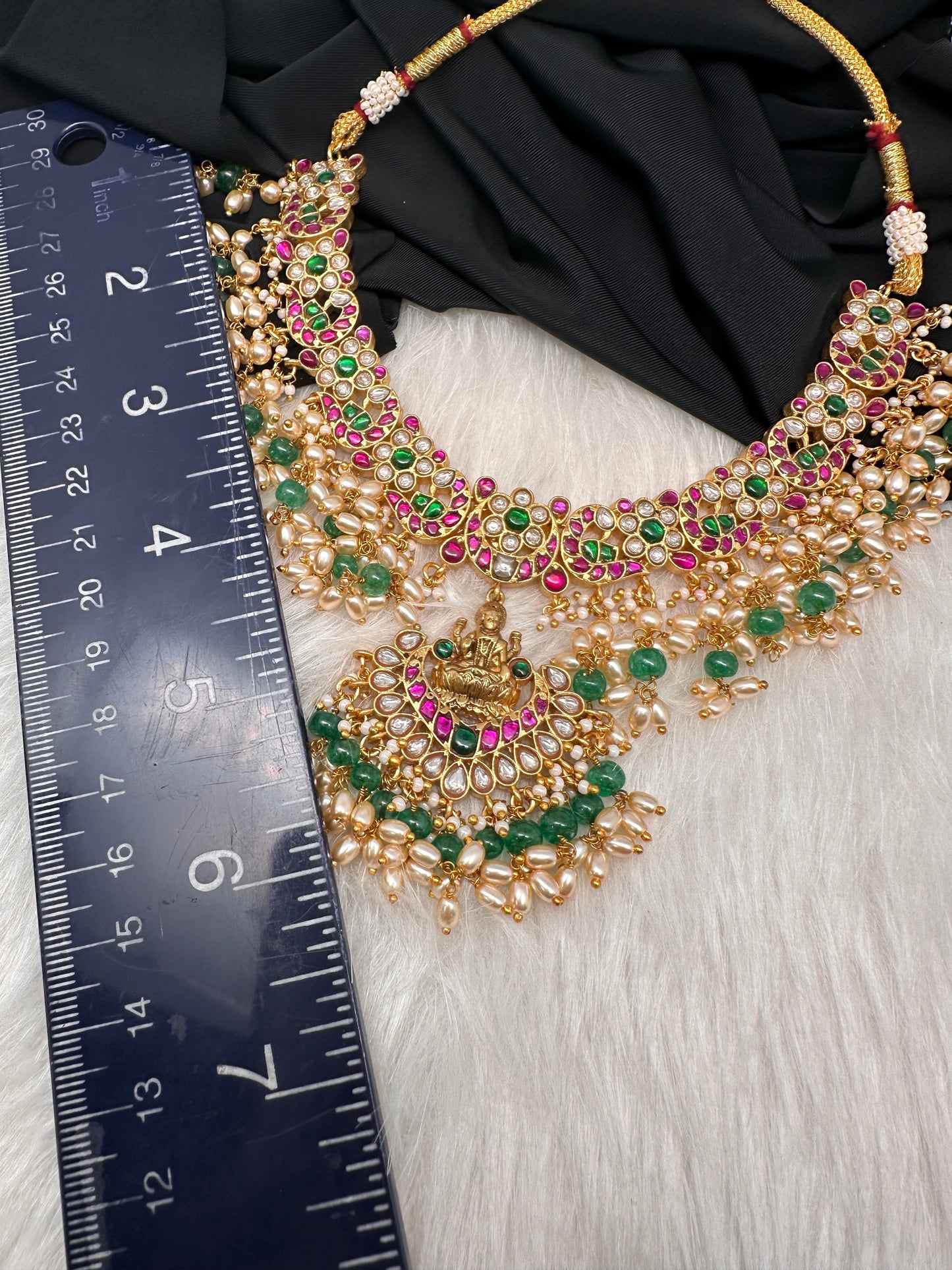 Jadau Kundan Goddess Lakshmi Short Neckline Necklace with Emerald Beads