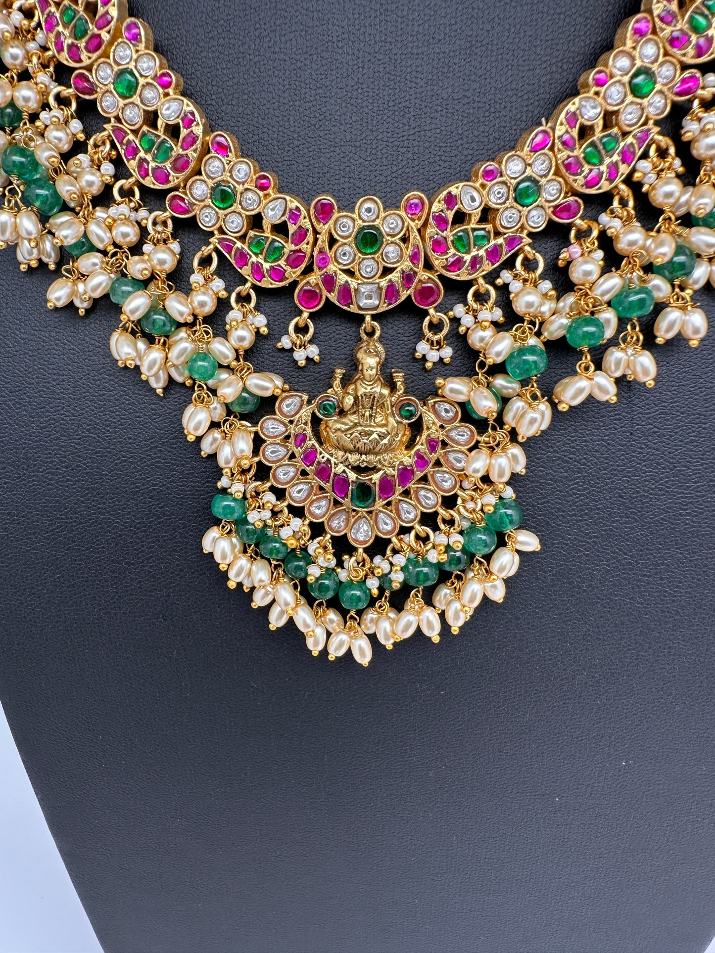 Jadau Kundan Goddess Lakshmi Short Neckline Necklace with Emerald Beads