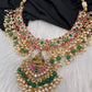 Jadau Kundan Goddess Lakshmi Short Neckline Necklace with Emerald Beads