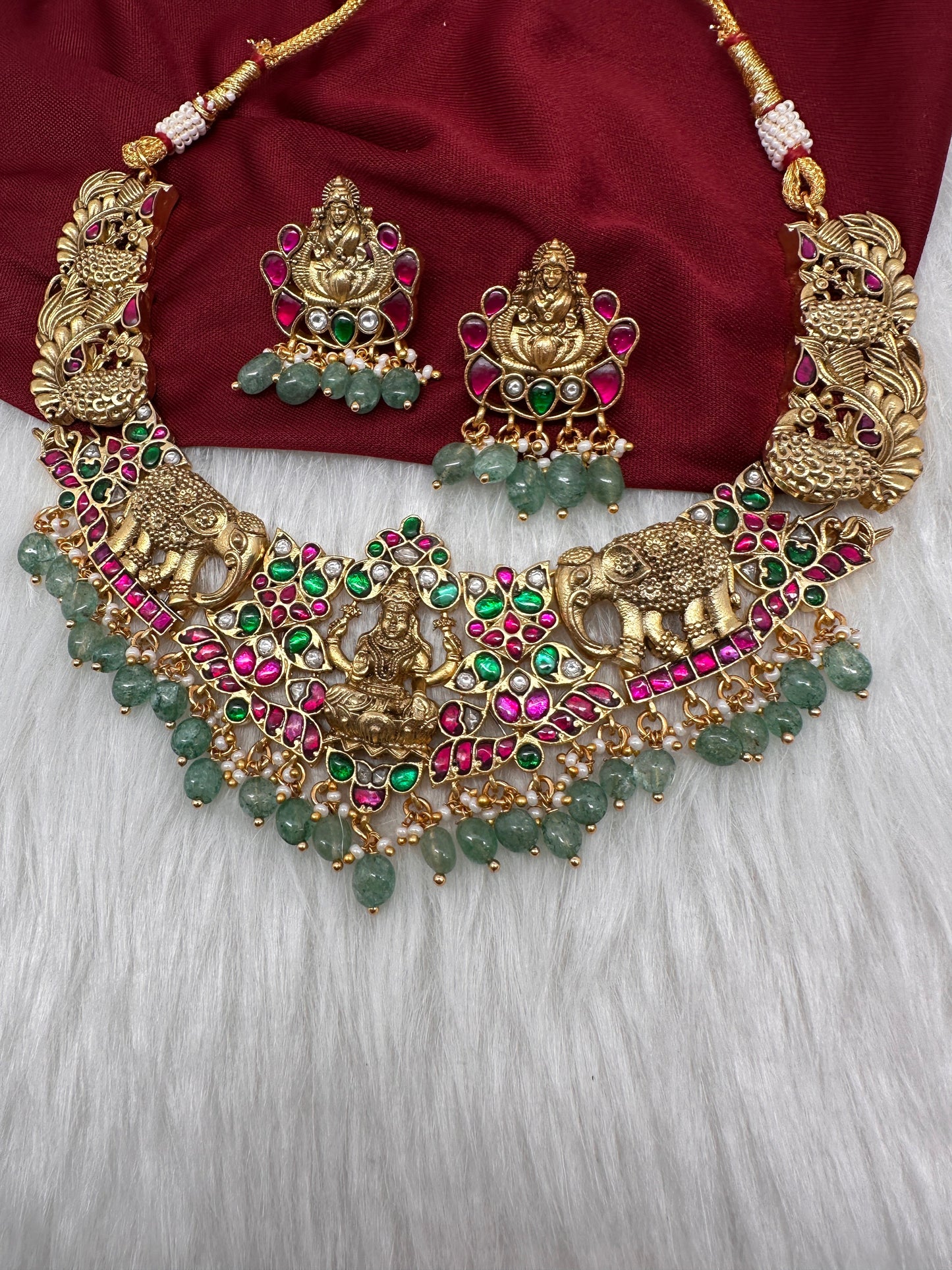 Jadau Kundan Goddess Lakshmi  Elephant Antique Matte Short Neckline Necklace