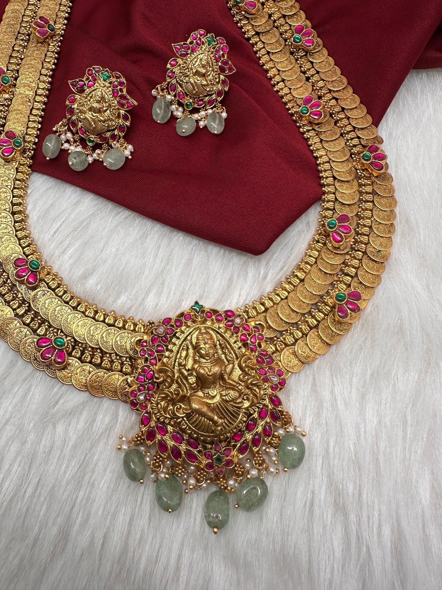 Jadau Kundan Goddess Lakshmi  Kassu Coins Long Necklace